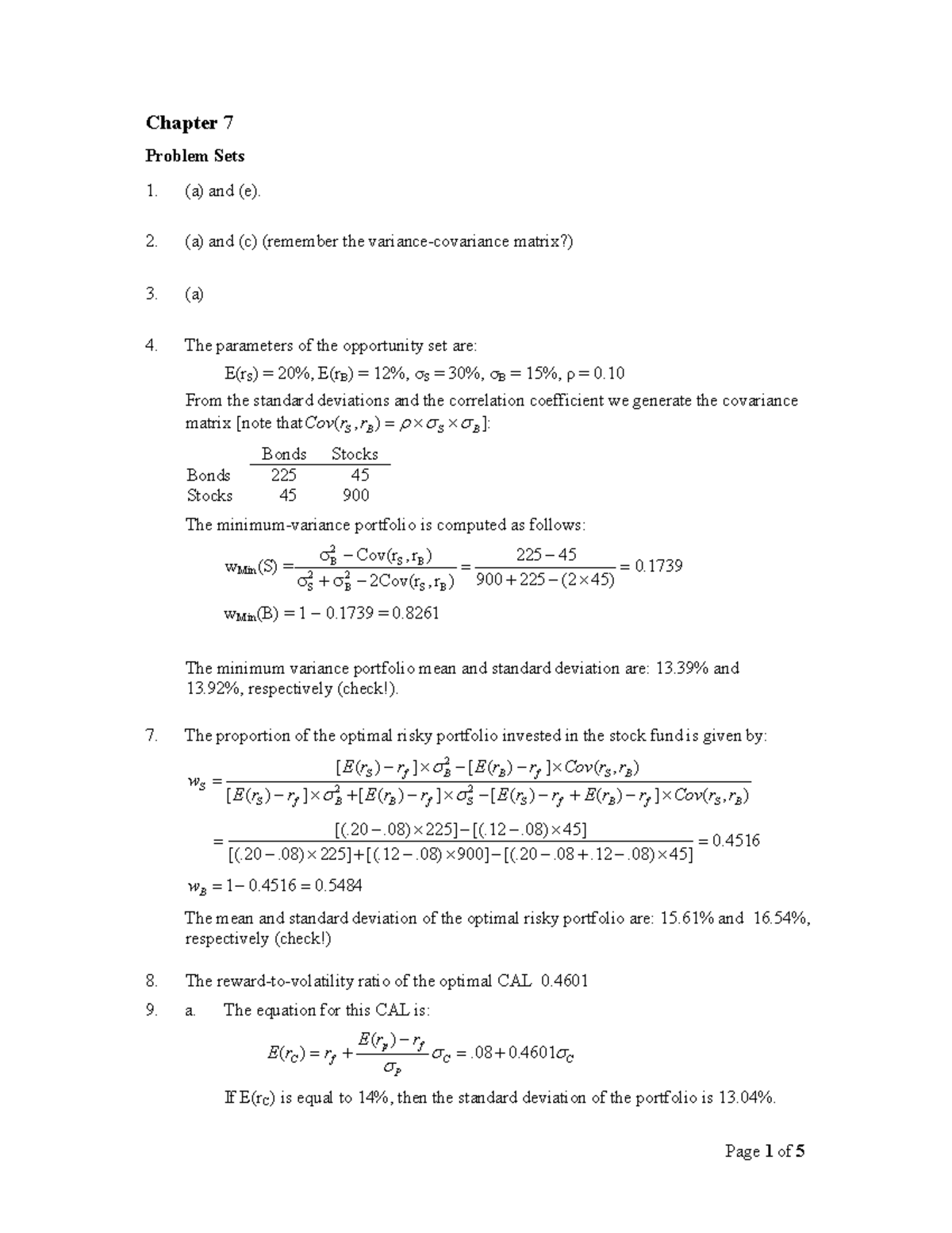 Selected Q&A - Chapter 07 Problem Sets and Portfolio Analysis - Studocu