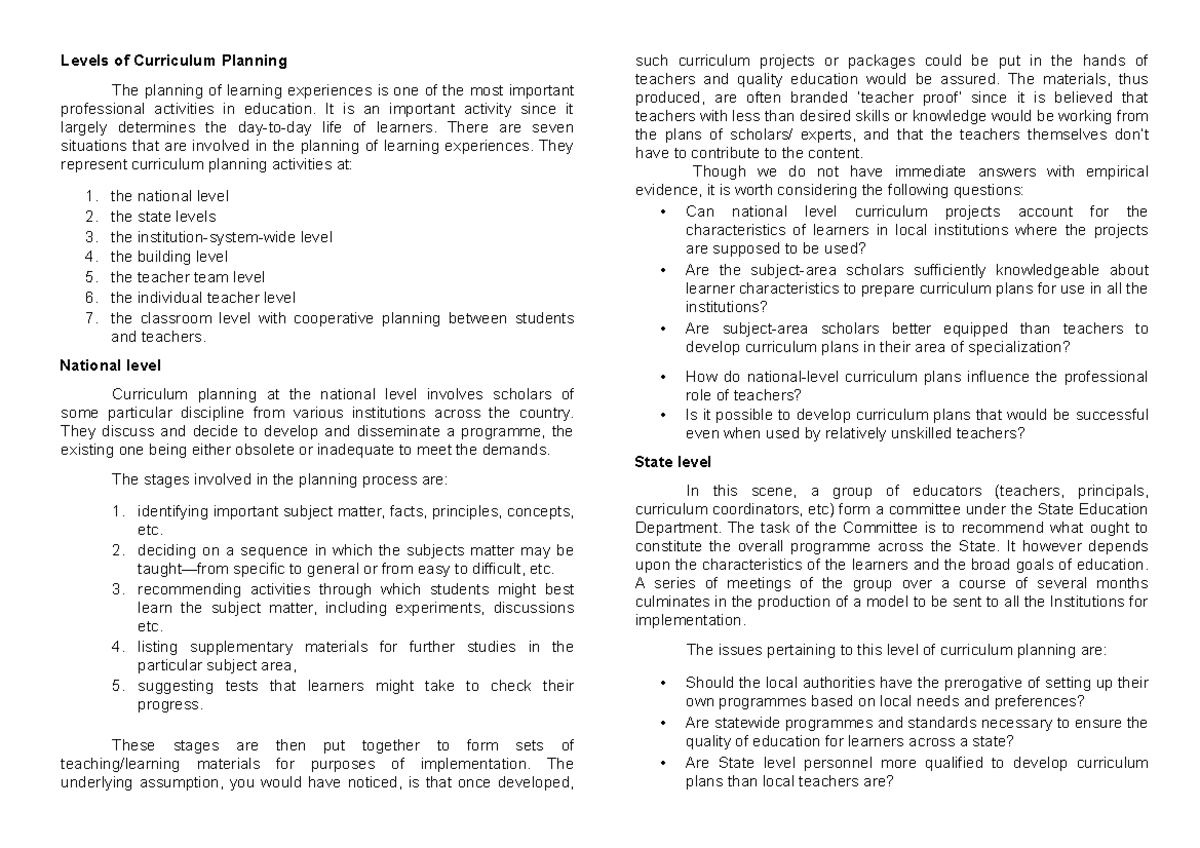 Curriculum Planning Levels - Prof-ed Assignment: Chapter IIb - Studocu