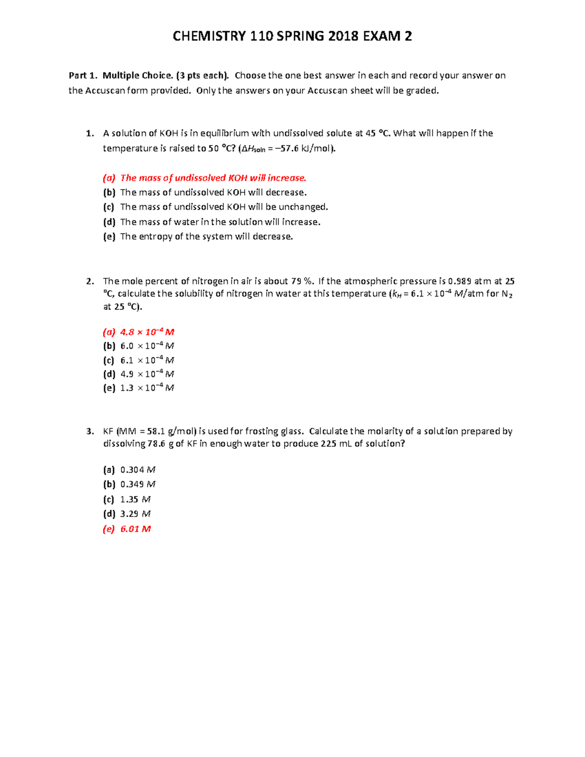 CHEM 110 SP 2018 Exam 2 KEY - Part 1. Multiple Choice. (3 pts each ...