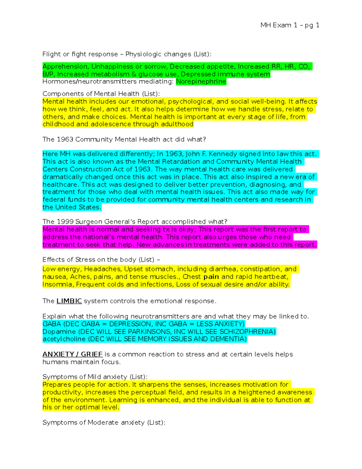 Mental Health Exam 1 - Flight or fight response – Physiologic changes ...