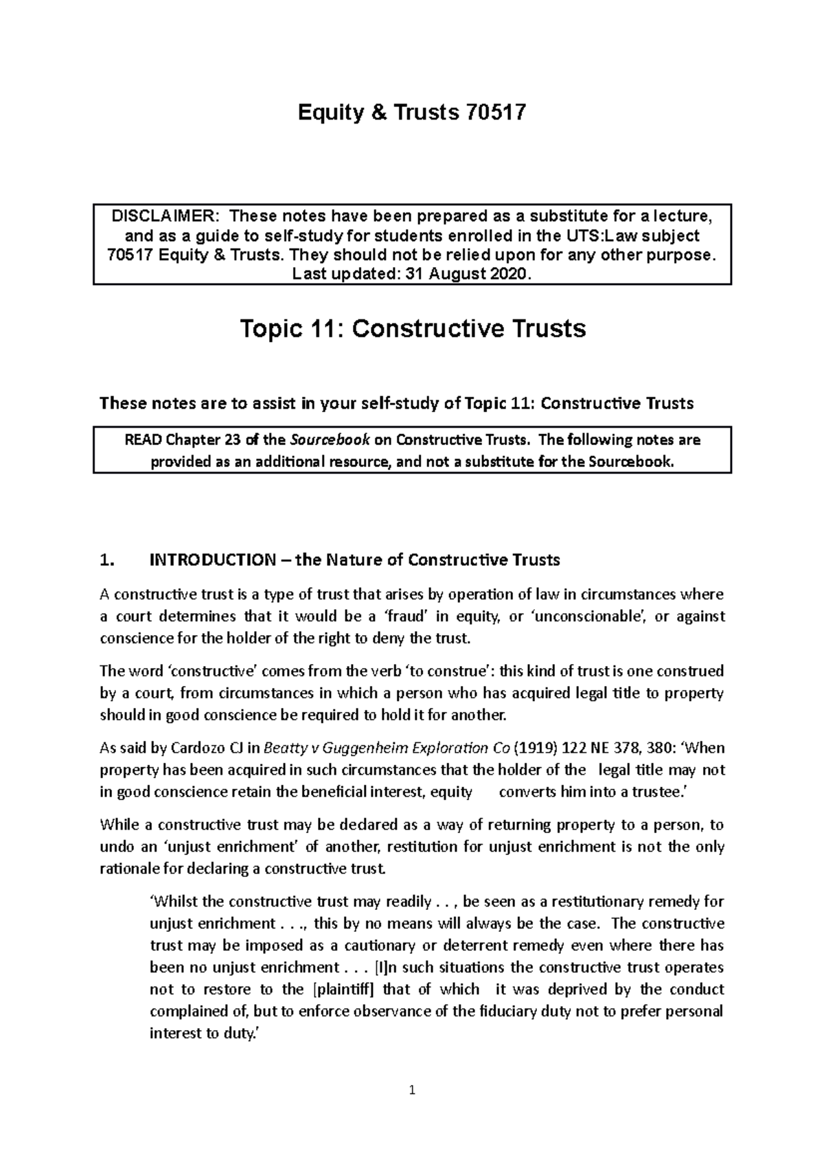 Equity & Trusts 70517: Full Lecture Notes on Constructive Trusts - Studocu