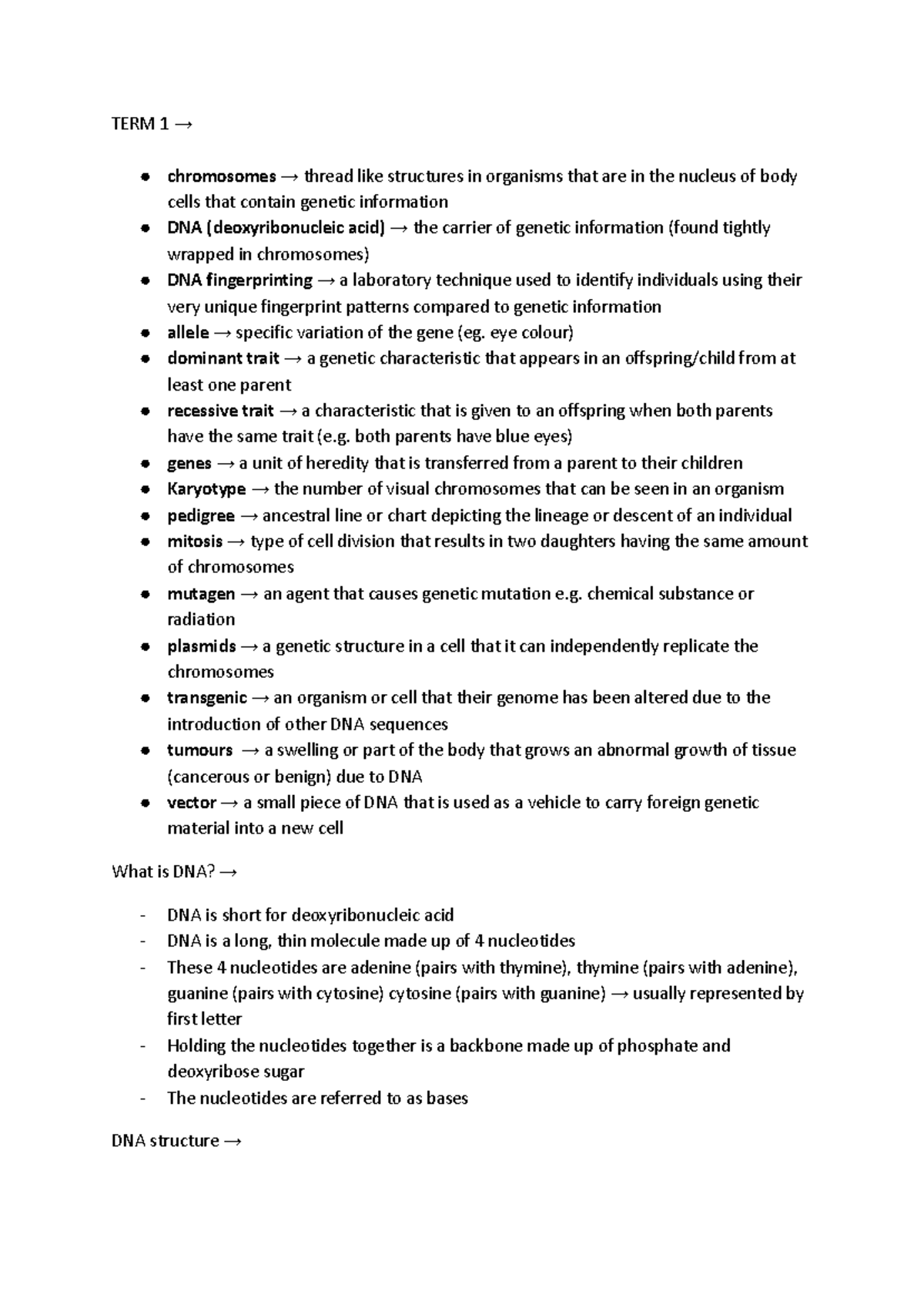 Science Semester 1 Notes: Chromosomes, DNA, and Genetics Overview - Studocu