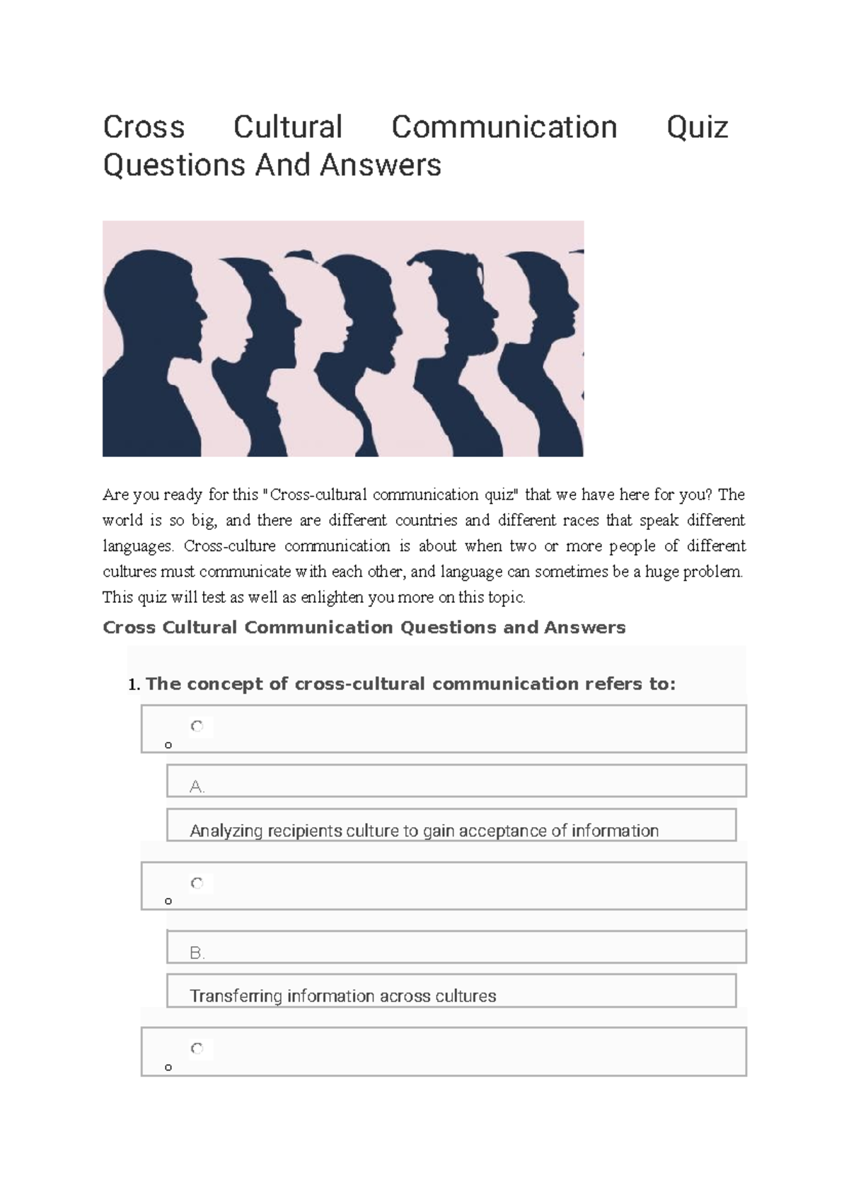 Cross-Cultural Communication Quiz: Questions and Answers Guide - Studocu
