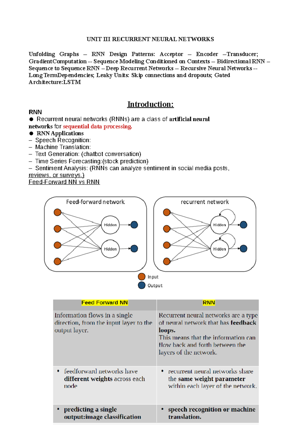 UNIT 3DL - Recurrent Neural Networks Overview and Analysis - Studocu