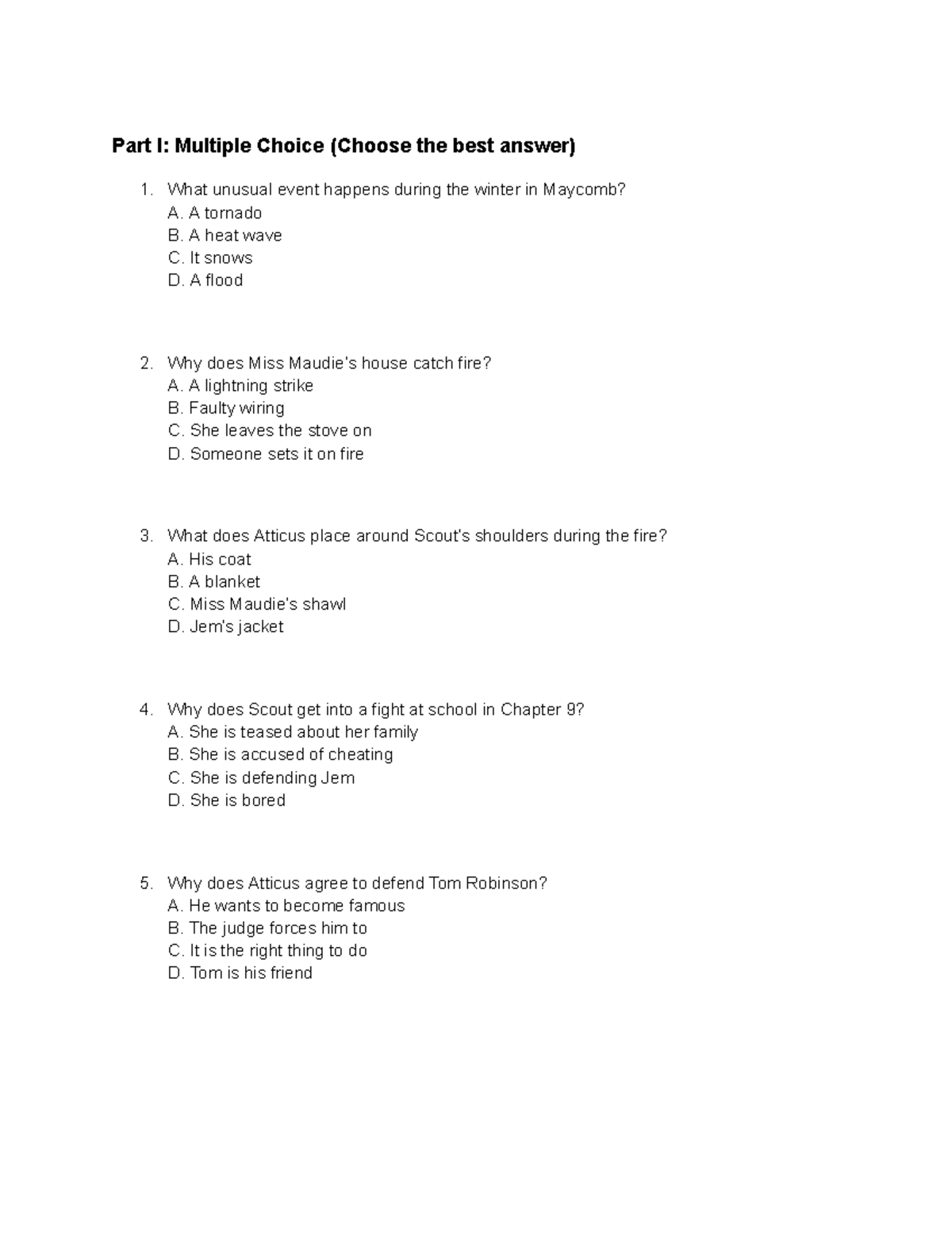 Mockingbird Test 1: Multiple Choice & Short Answer Questions - Studocu