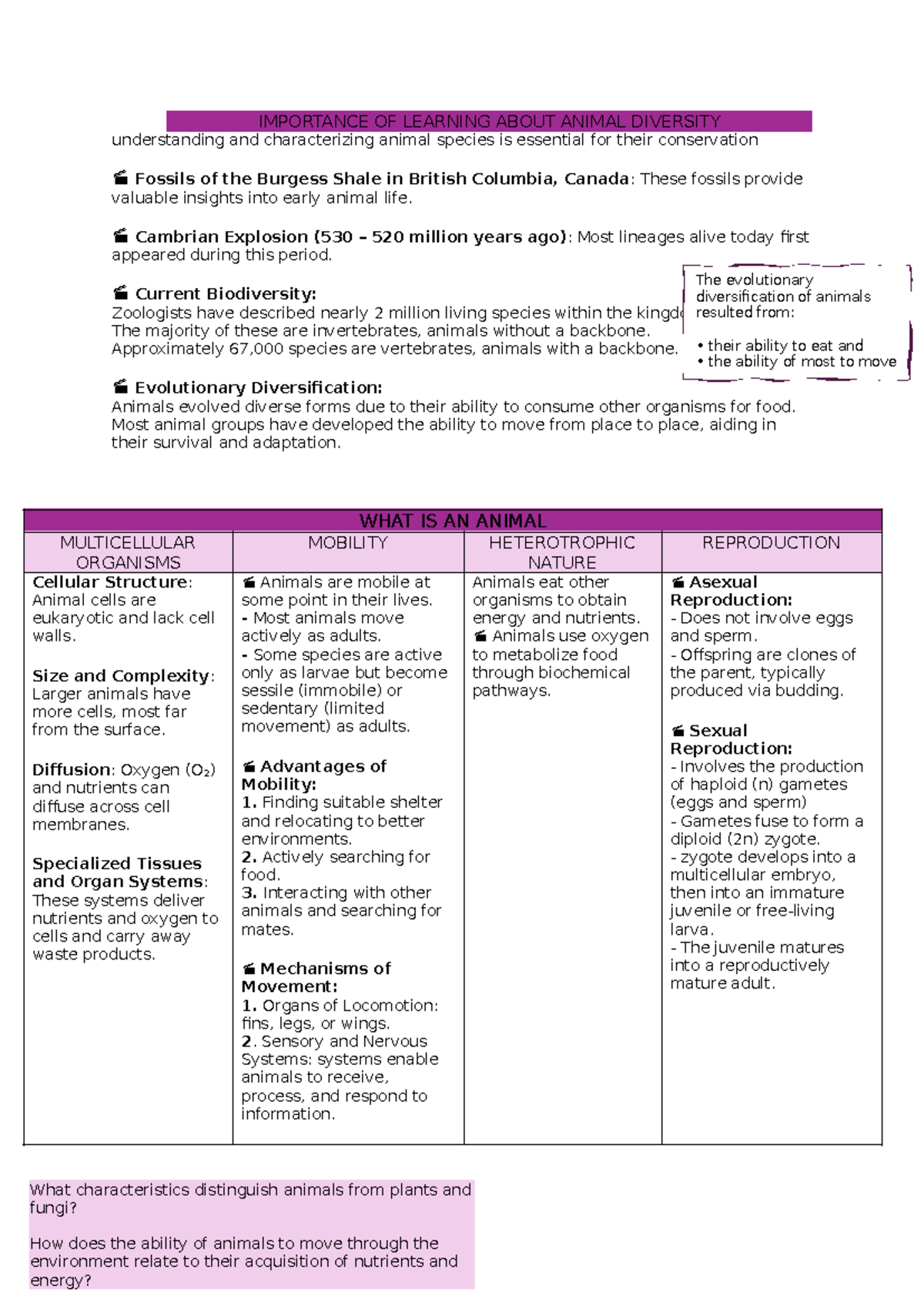 Course 101: Overview of Animal Diversity and Evolutionary ...
