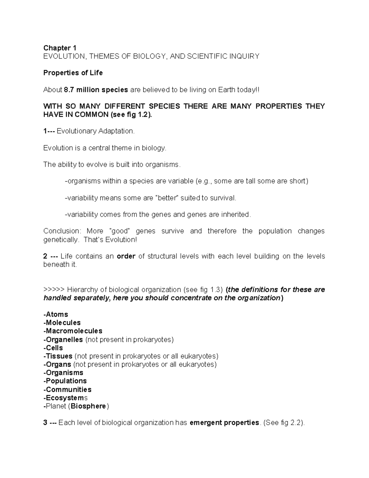Biol 101: Chapter 1 - Evolution and Themes of Biology Notes Outline ...