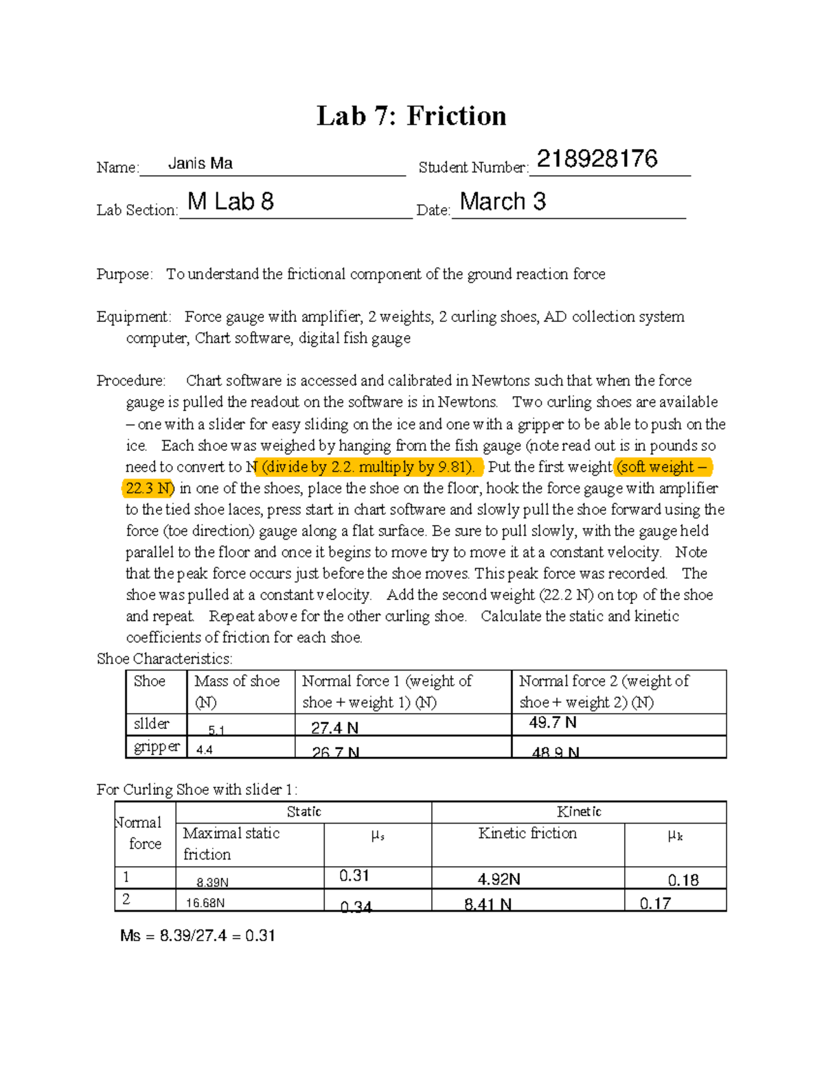 Lab 7 Report: Friction Analysis - Kine 3030 - Studocu