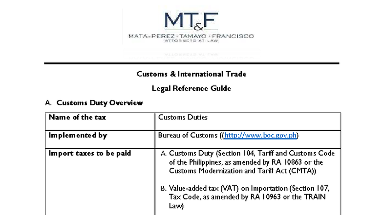 Customs International Trade Legal Reference Guide: Duty Overview - Studocu