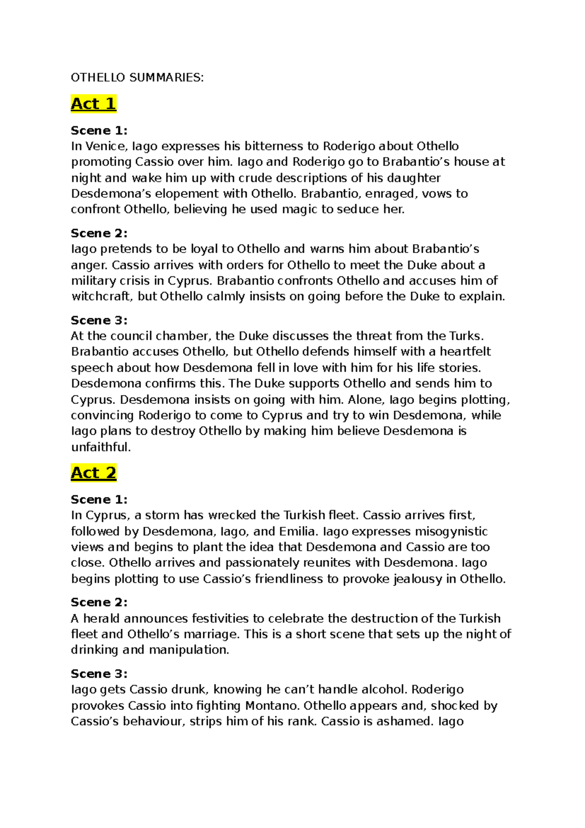 Othello (ENG 201) Act Summaries: Key Themes and Character Analysis ...