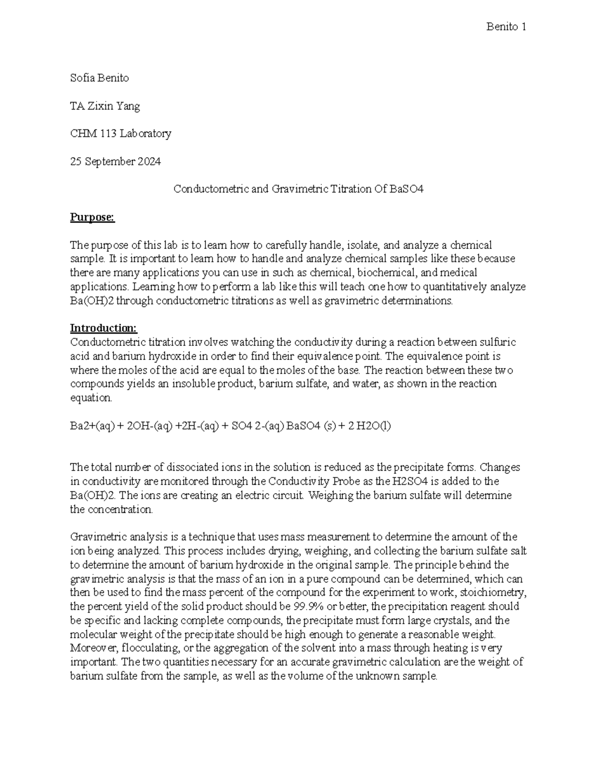 Conductometric & Gravimetric Titration Report - CHM 113 Lab - Studocu