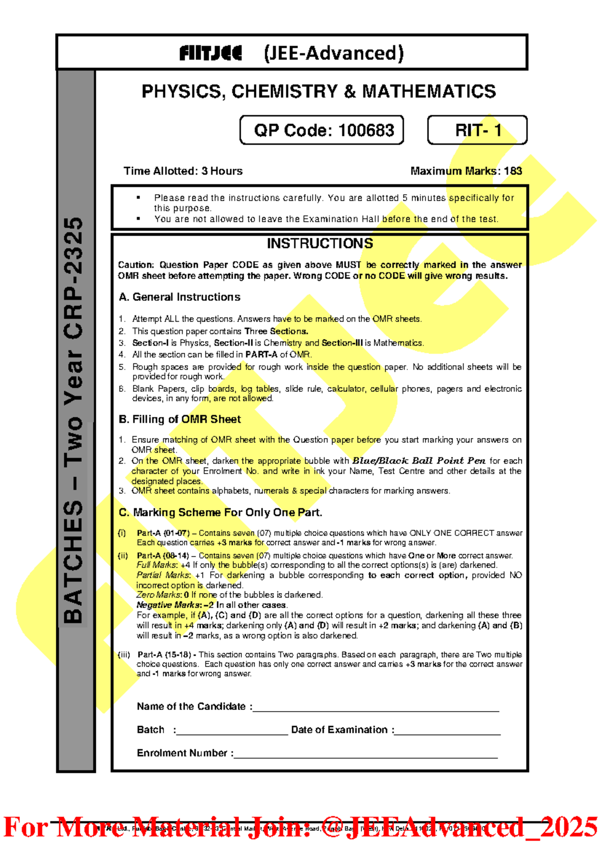 Sample JEE Mains Exam Paper - Physics, Chemistry & Mathematics - Studocu