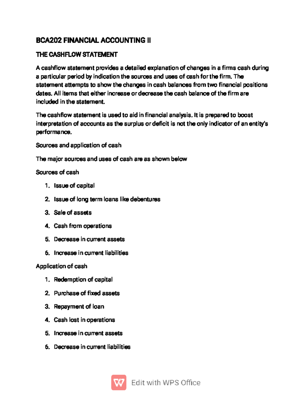 BCA202 Financial Accounting II: Cashflow Statement Analysis - Studocu