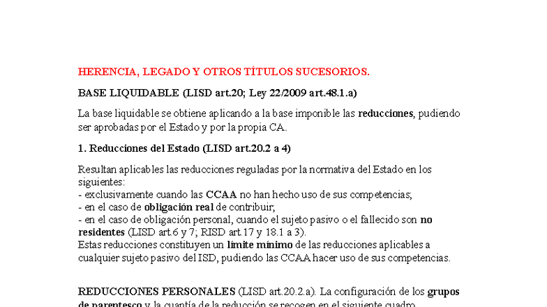 Sucesiones y Legados: Cuantificación de la Base Liquidable (LISD) - Studocu