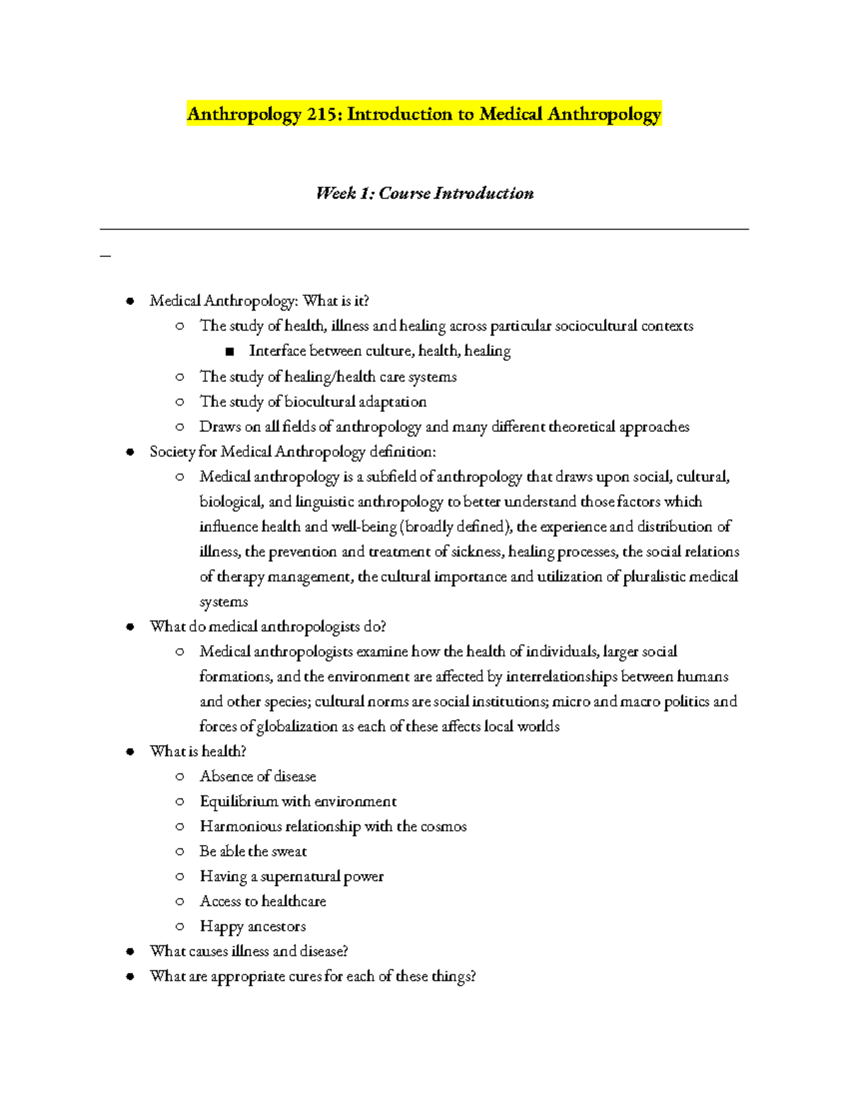 Unit 1 Notes - ANTHRO - Anthropology 215: Introduction to Medical ...