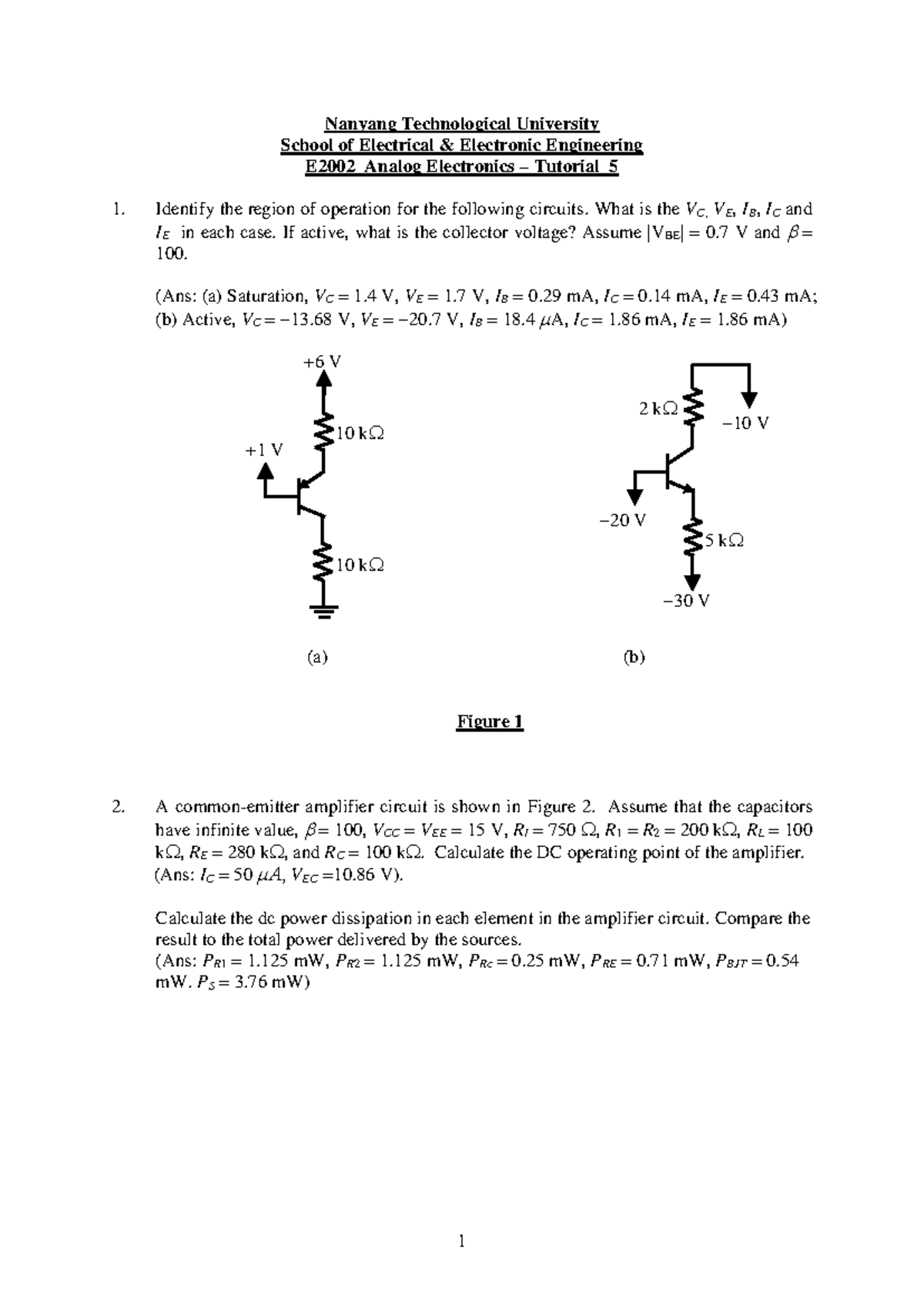 EE2102 Analog Electronics Tutorial 5 & 7: Circuit Analysis & Operating ...