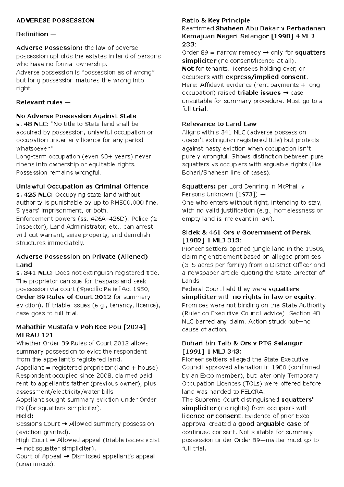 Land Law I - Final Exam Notes on Adverse Possession and TOL - Studocu