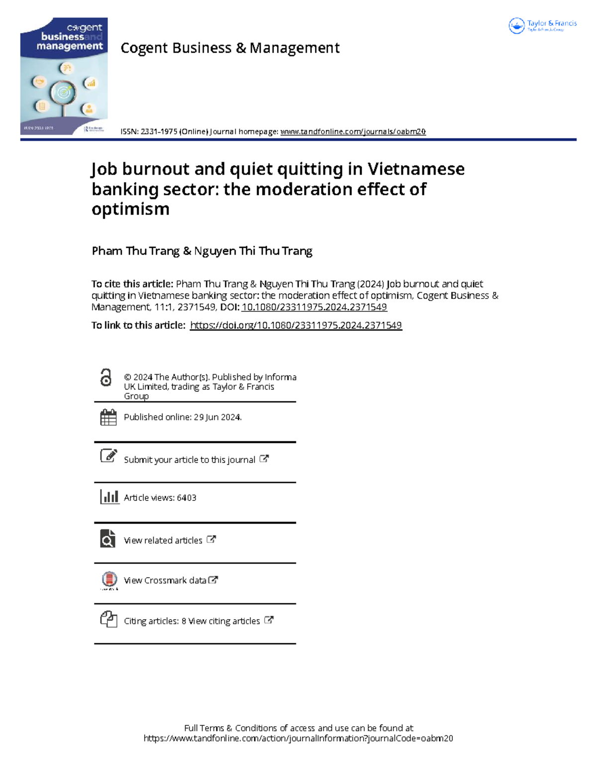 Job Burnout and Quiet Quitting in Vietnamese Banking Sector: The Role ...
