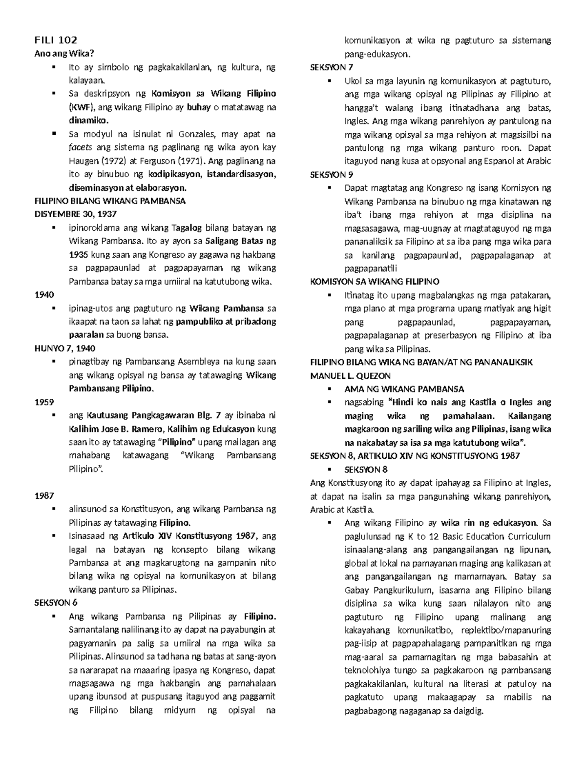 FILI 102 - Reviewer on the Development and Significance of Filipino ...