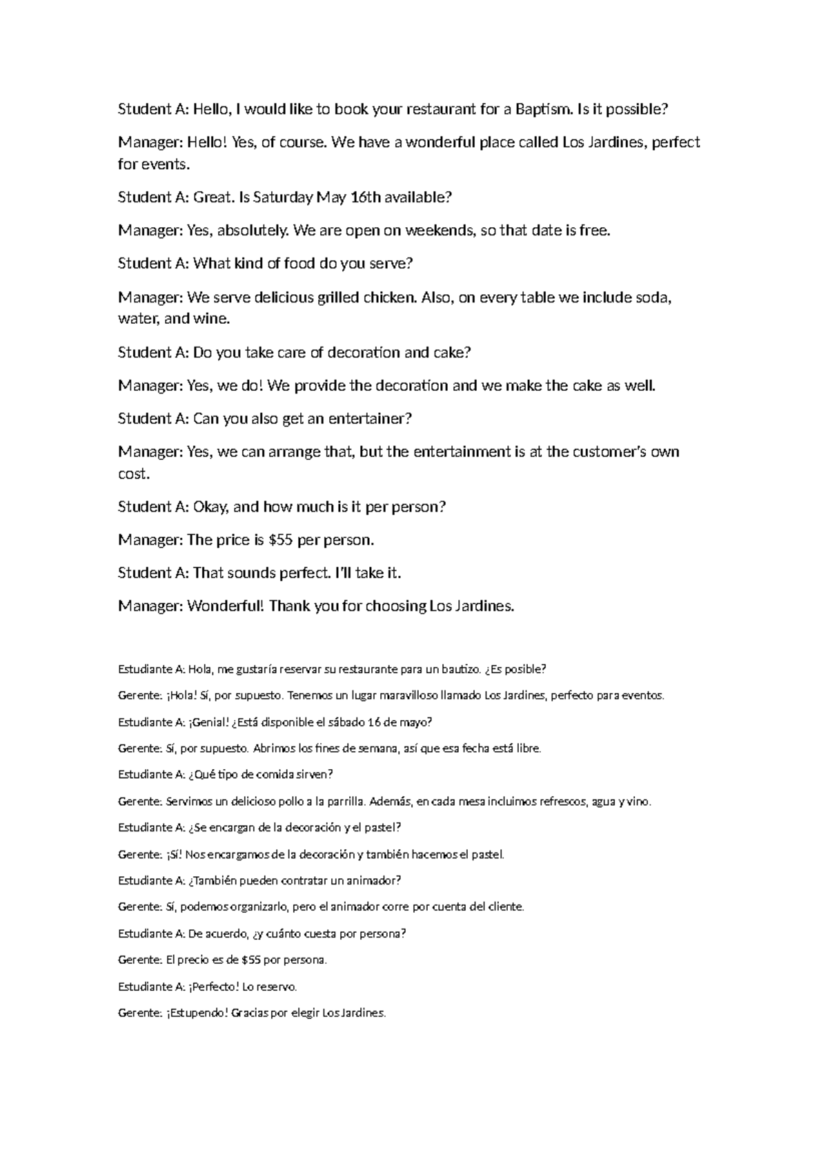 Restaurant Booking Conversation for Baptism Event - Studocu