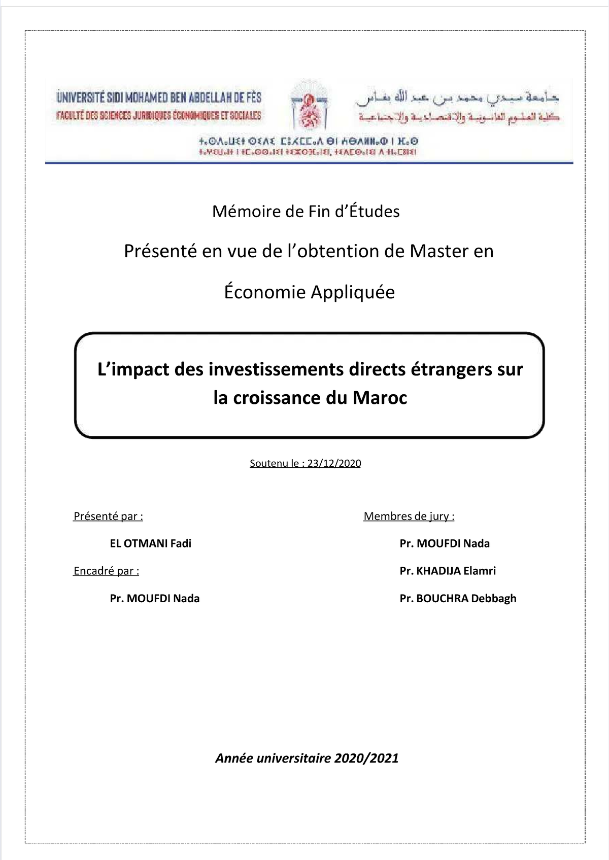 Mémoire de Master en Économie Appliquée : Impact des IDE sur la ...