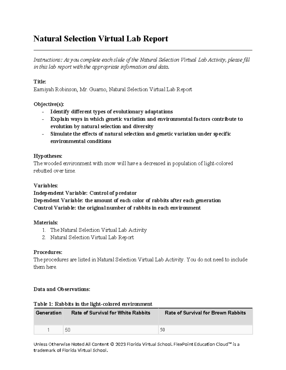 05 02 natural selection lab report 2 - Natural Selection Virtual Lab ...