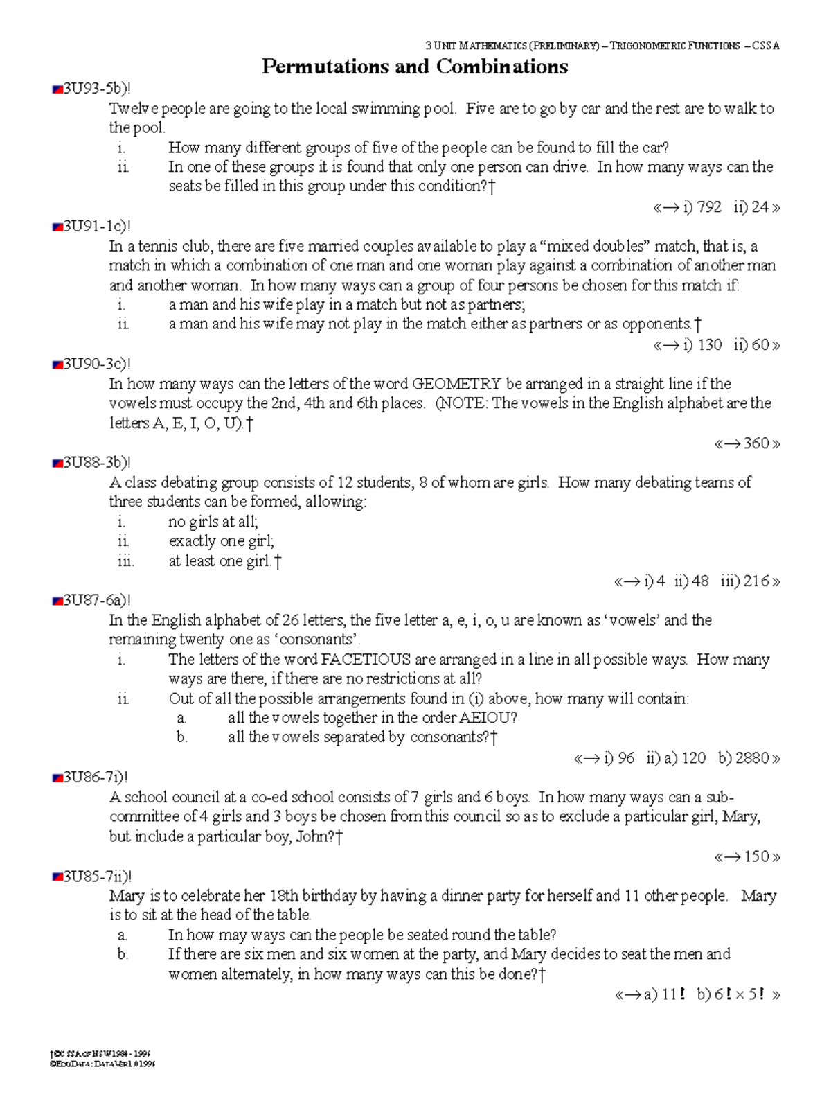 3 UNIT MATHEMATICS (PRELIMINARY) CSSA Permutations & Combinations - Studocu