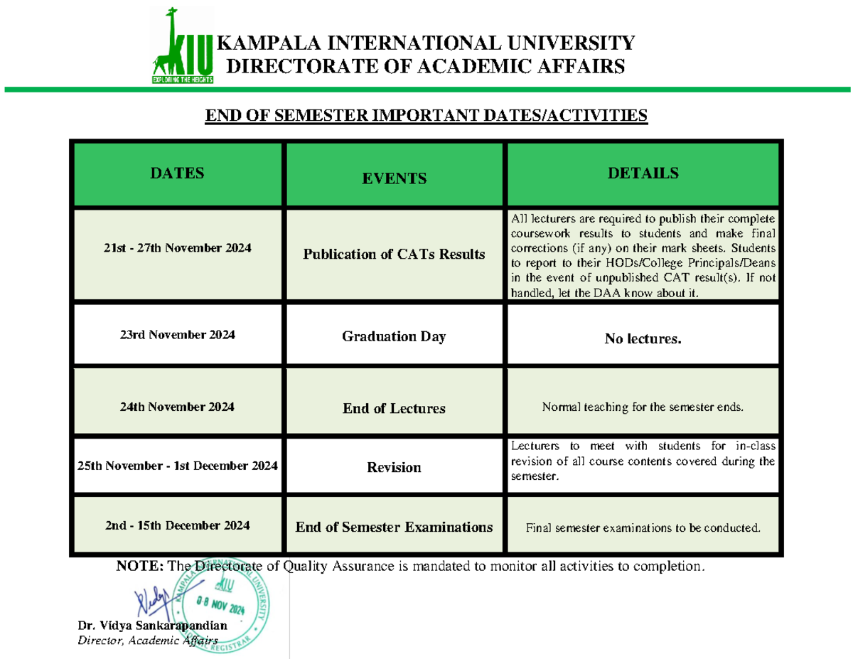 END OF Semester Important Dates - KAMPALA INTERNATIONAL UNIVERSITY ...