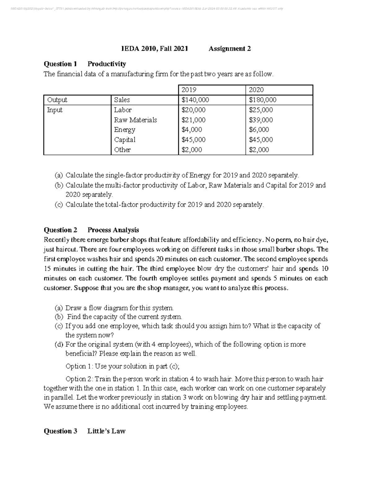 IEDA2010 Fall 2021 Assignment 2: Productivity & Process Analysis - Studocu