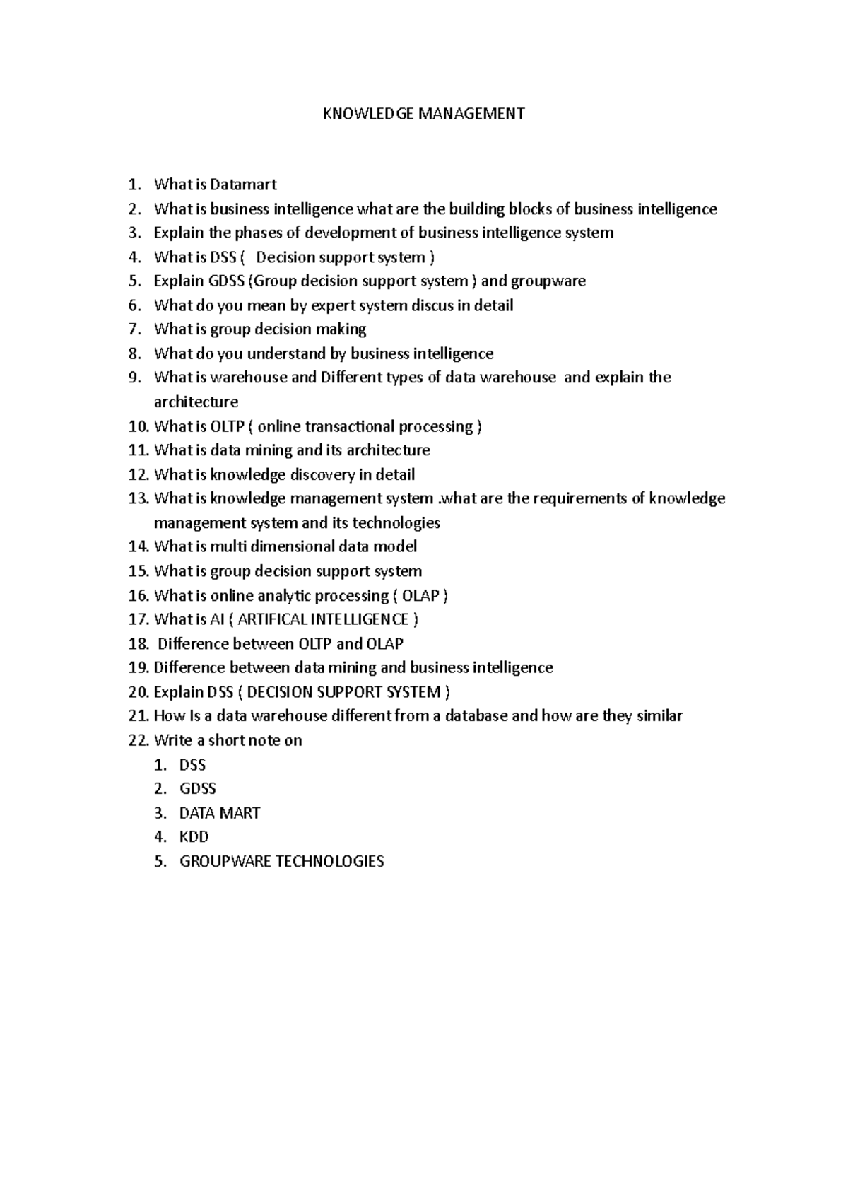 Knowledge Management Important Questions (KM 101) - Studocu