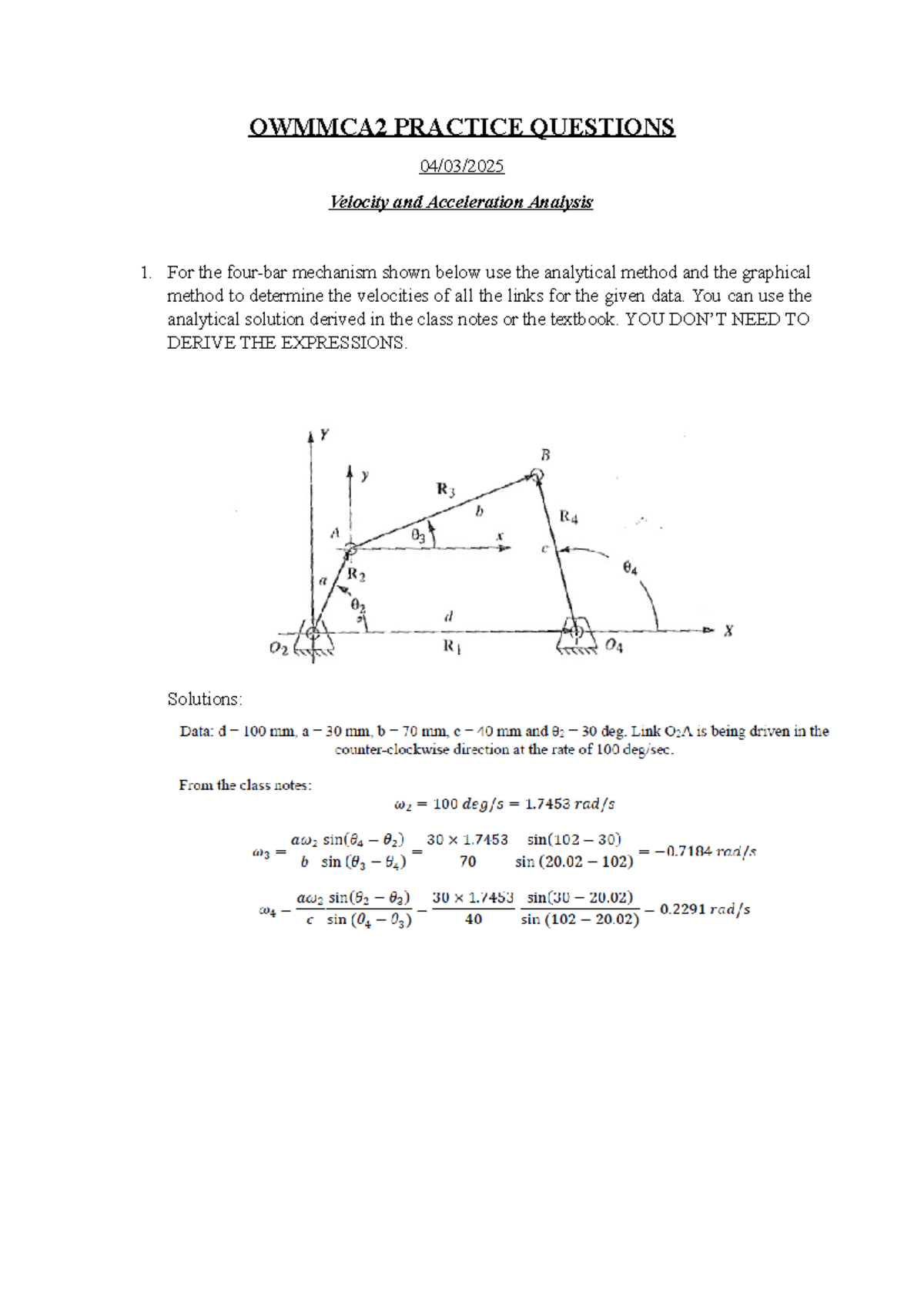 OWMMCA2 Velocity & Acceleration Analysis Practice Questions - Studocu