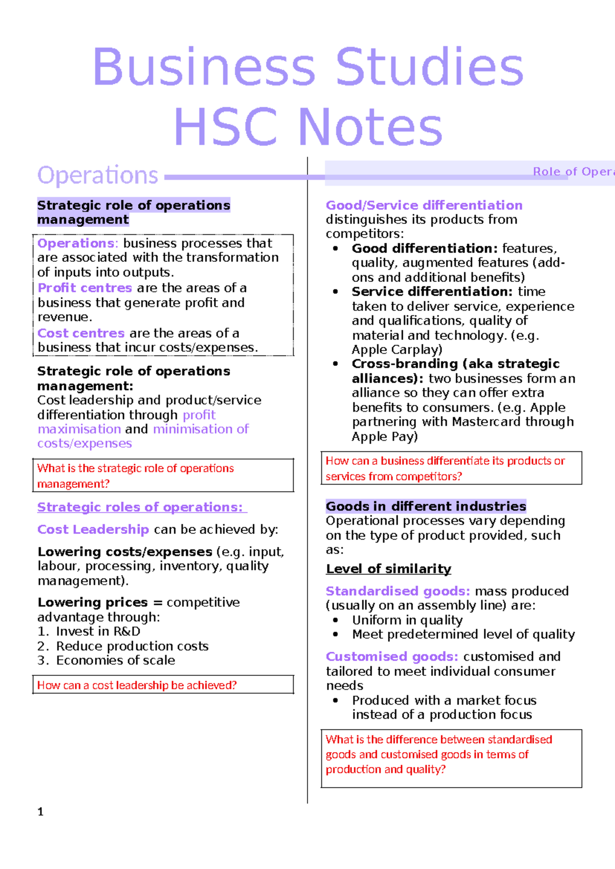 Business Studies HSC Notes: Strategic Role of Operations Management ...