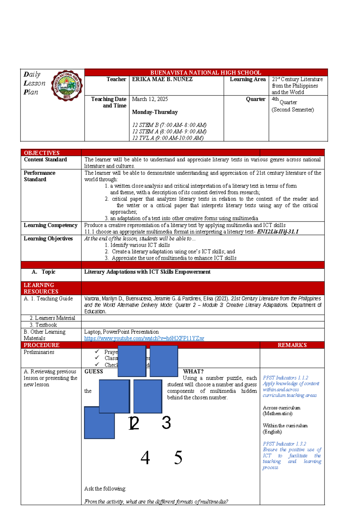 Daily Lesson Plan: 21st Century Literature (12 STEM & TVL) - Studocu