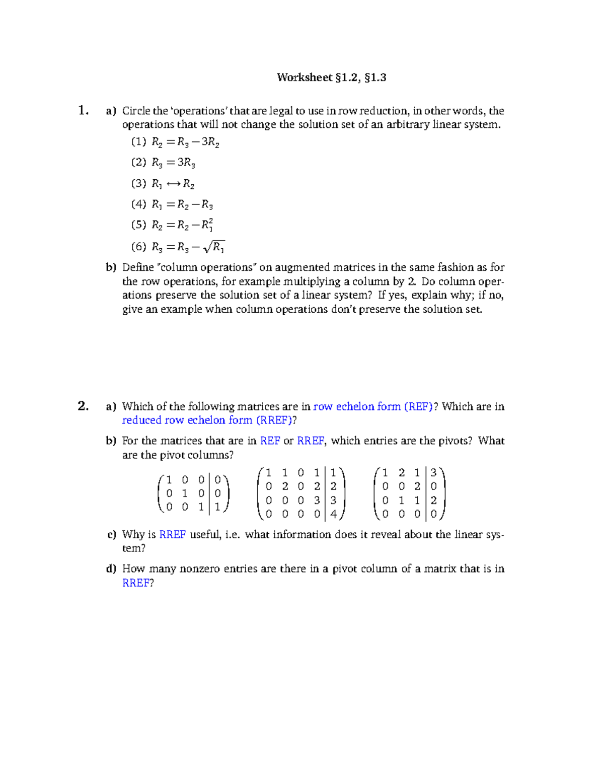 Math 1553 Worksheet 1: Row Reduction and Matrix Forms - Studocu