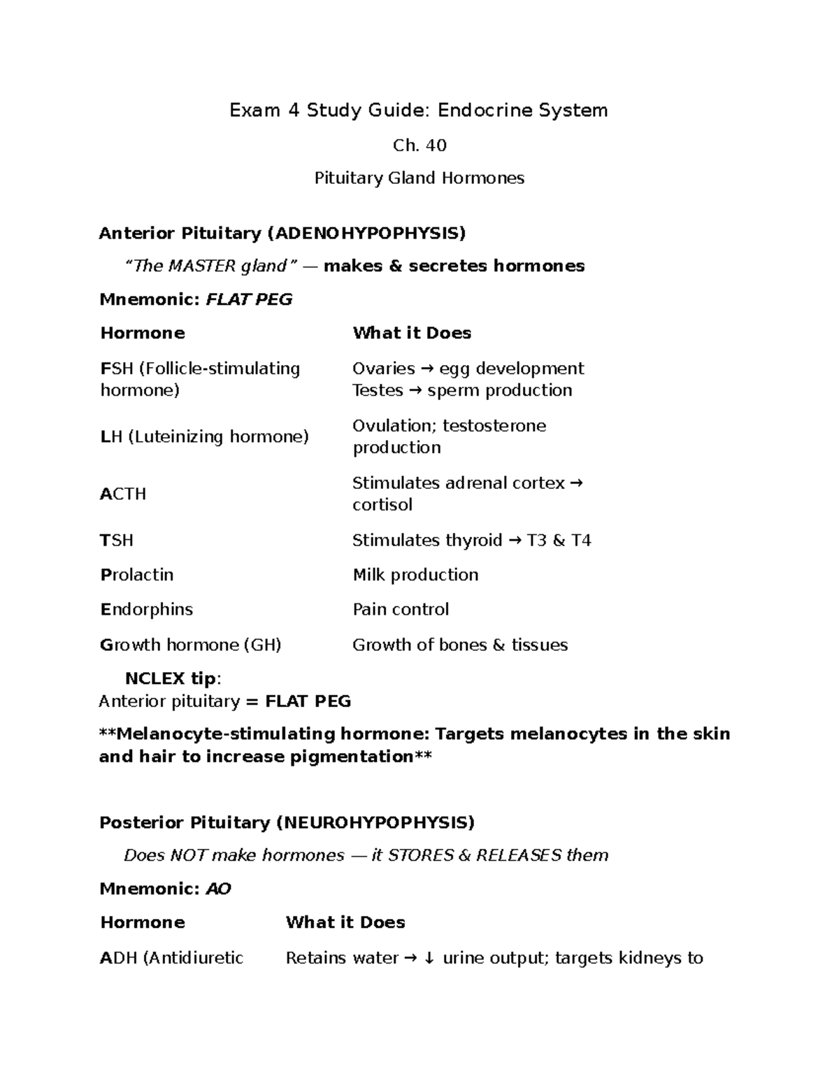 Exam 4 Study Guide: Endocrine System - Pituitary Gland Hormones - Studocu
