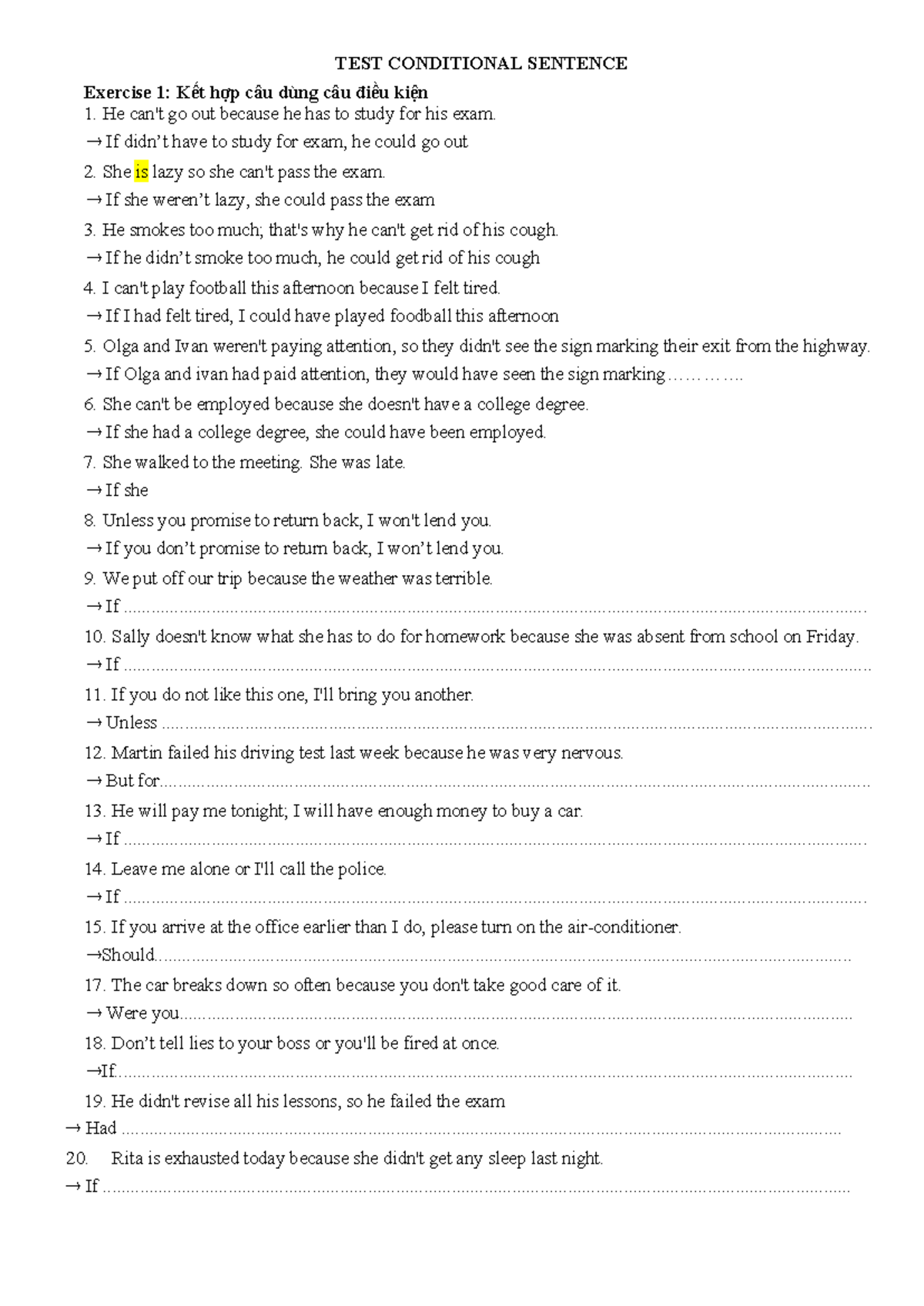 TEST- Conditional Sentences Exercises & Solutions - Studocu