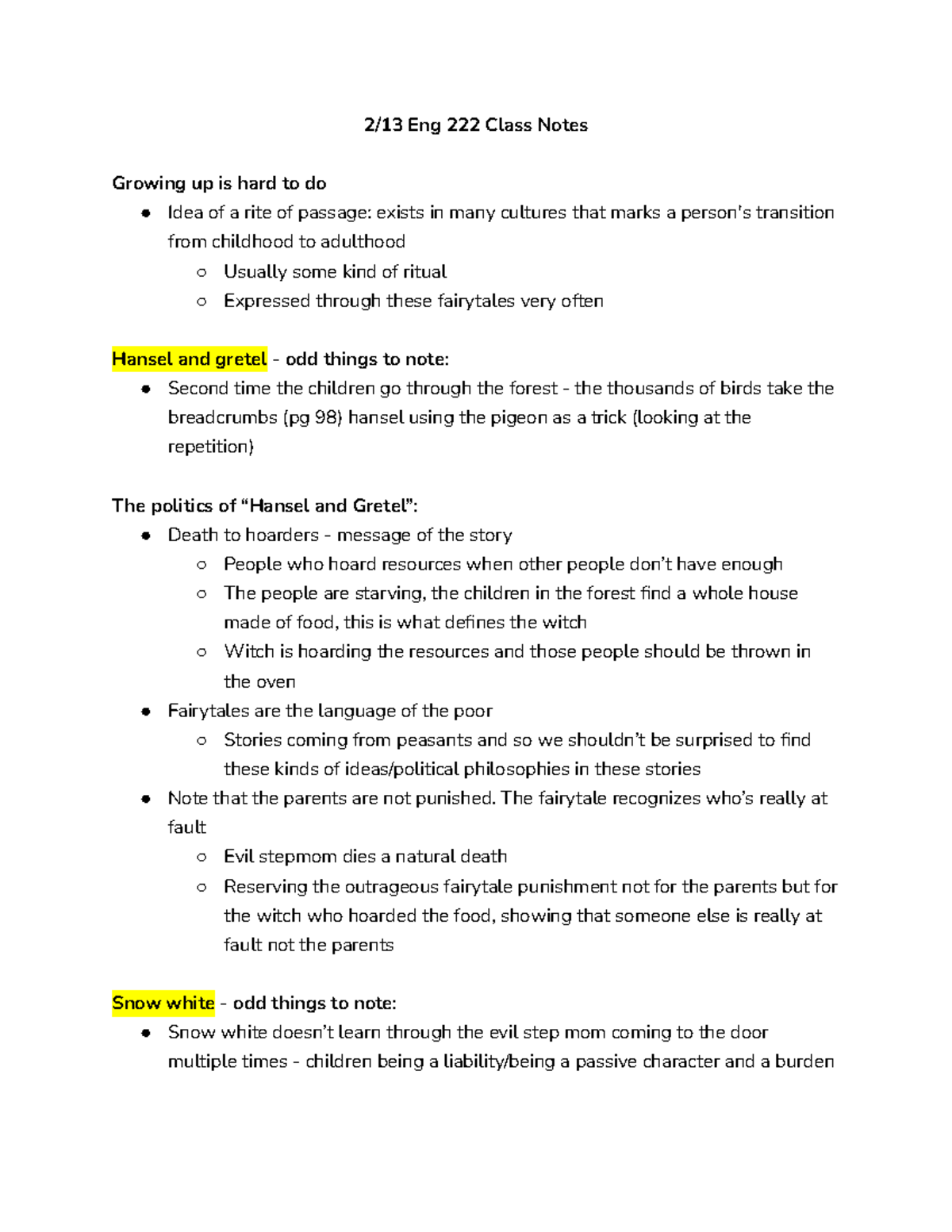 Eng 222 Class Notes: Analyzing Rites of Passage in Fairy Tales - Studocu