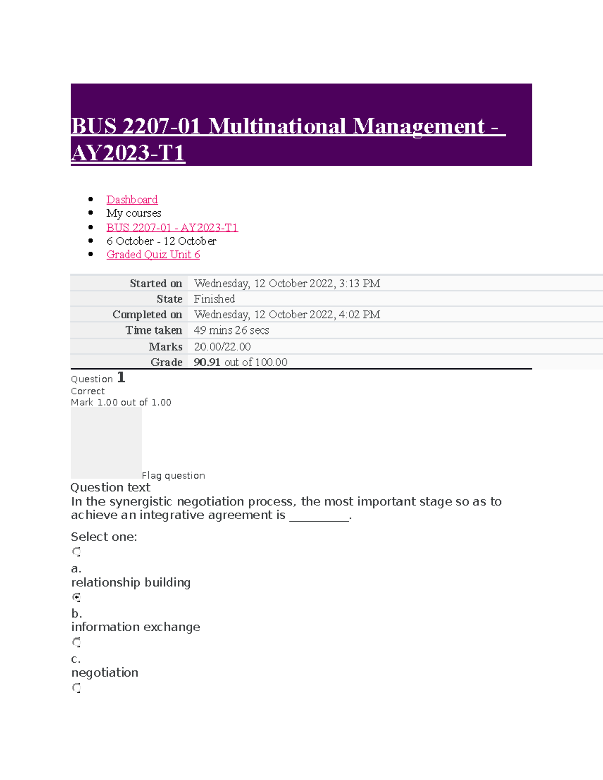 BUS 2207 Graded Quiz Unit 6 - Insights in Multinational Management ...