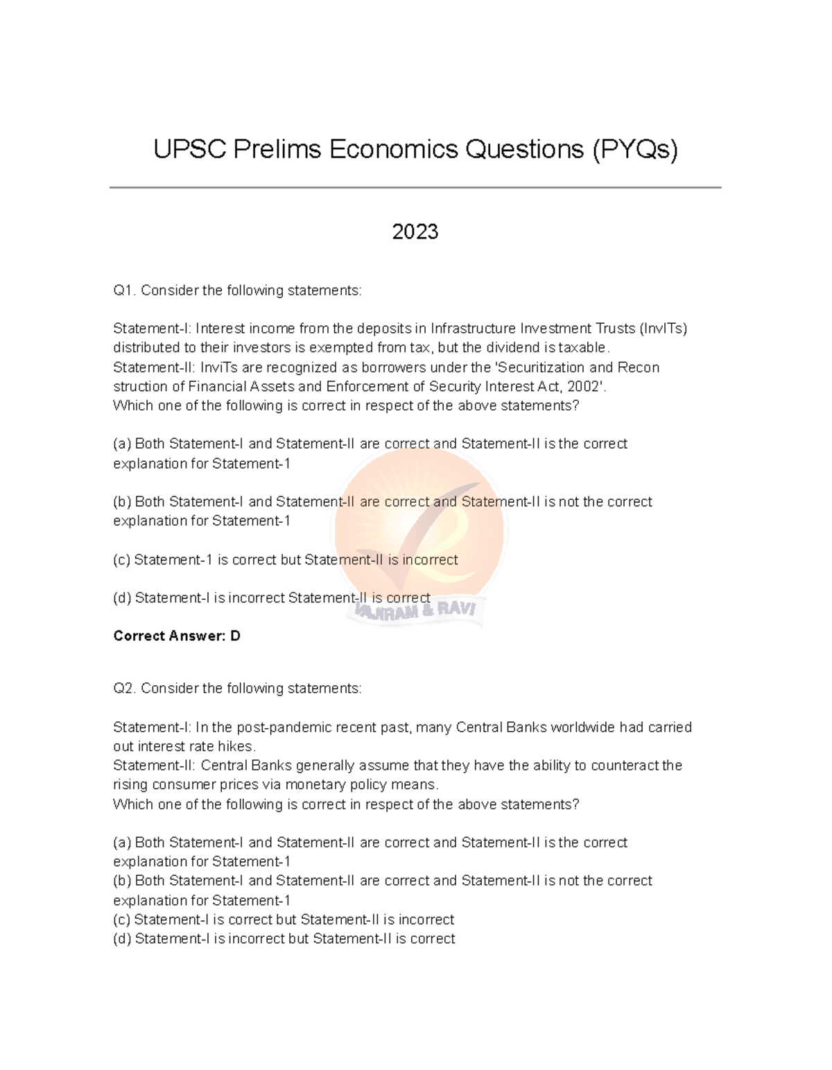 UPSC Prelims Economics PYQs 2023: Comprehensive Question Set - Studocu
