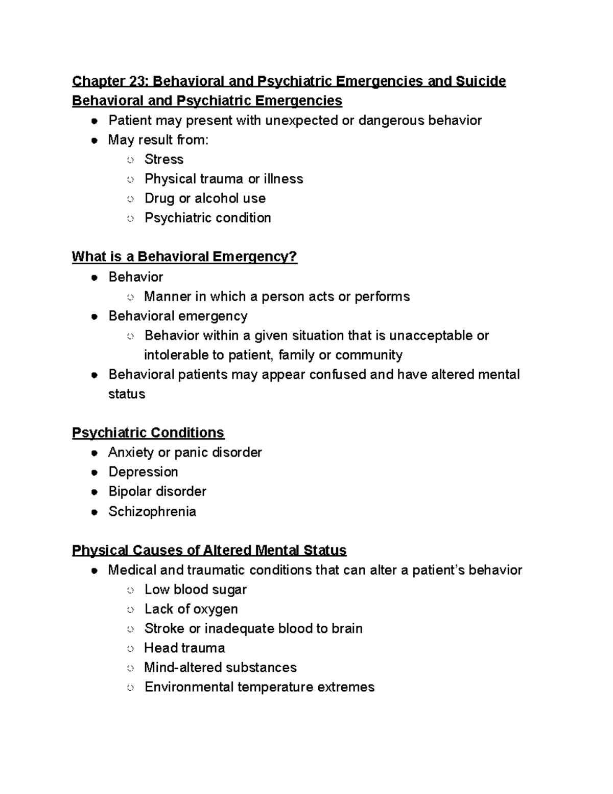 Chapter 23: Behavioral & Psychiatric Emergencies and Suicide - Studocu