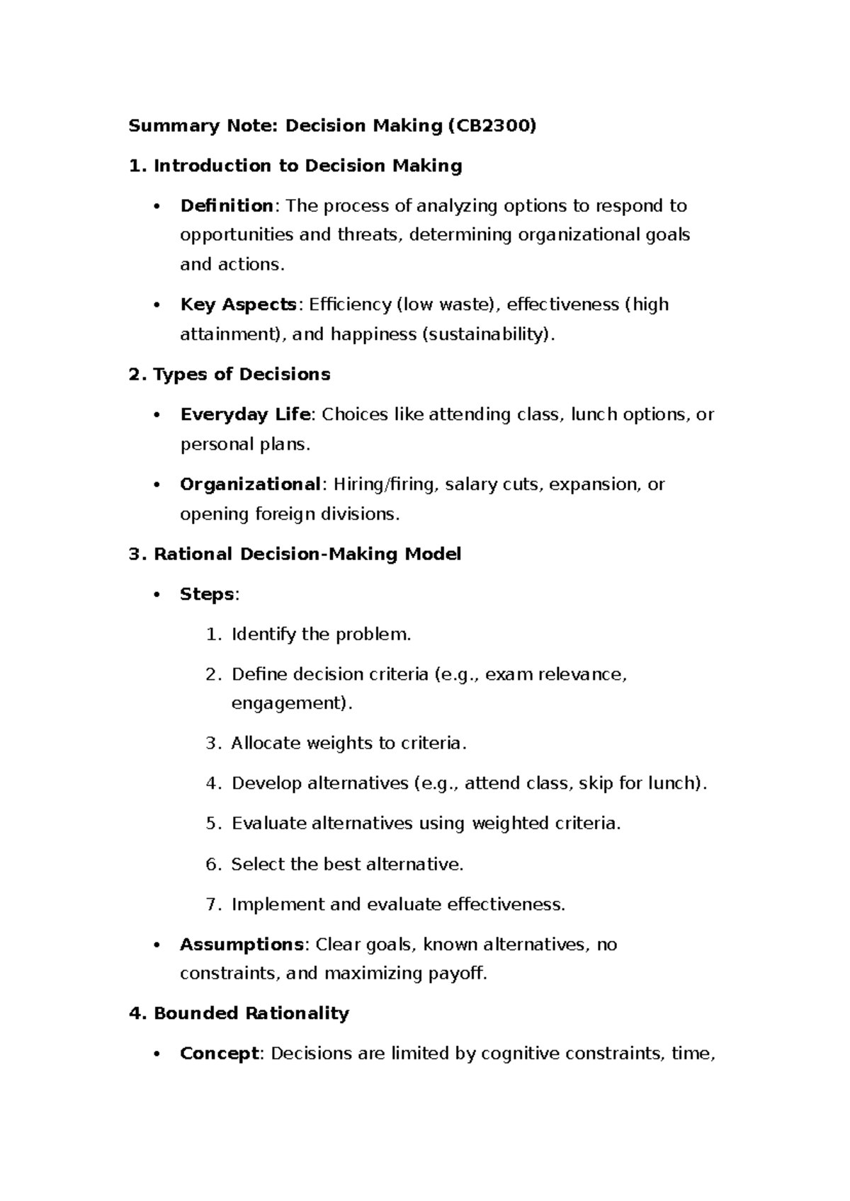 Summary Note: Decision Making Concepts and Models (CB2300) - Studocu