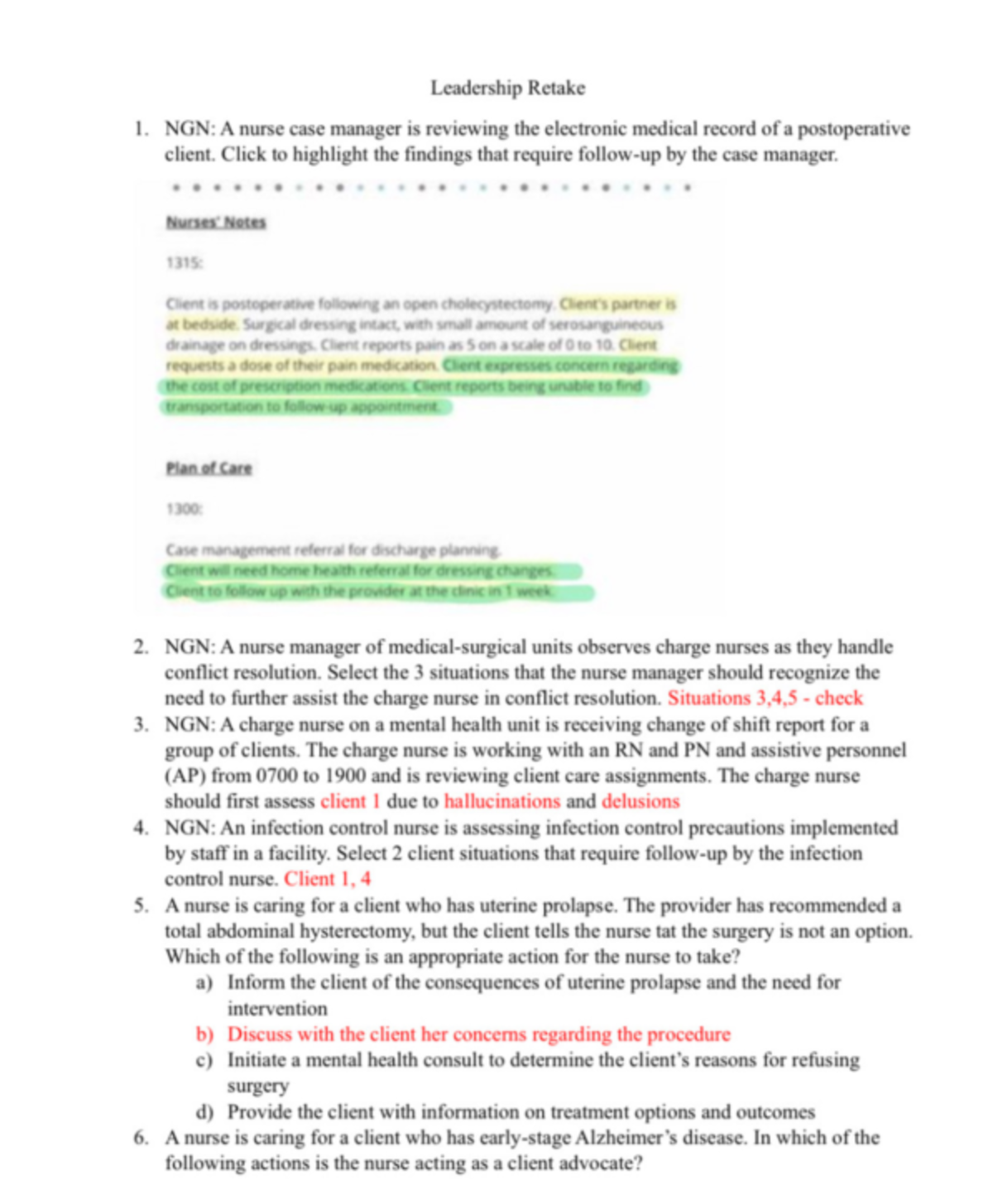 Leadership Retake Exam Review for Nursing Situations (Course Code: NGN ...