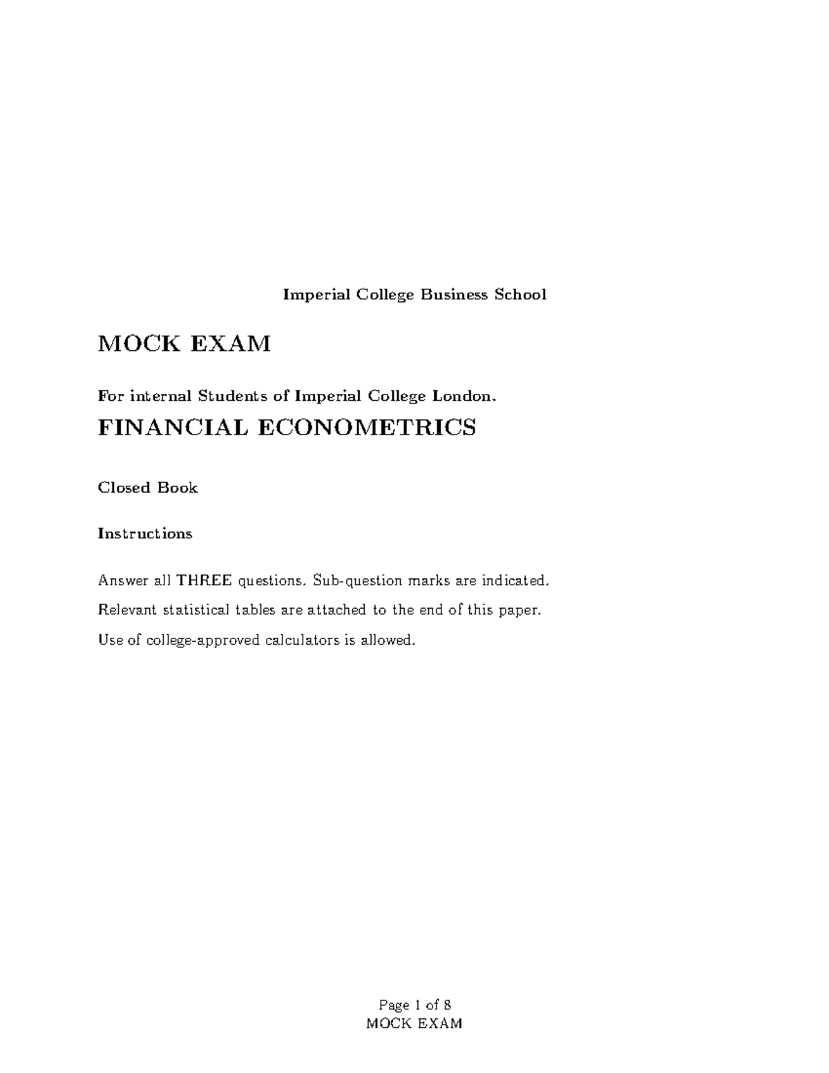 26 FE Mock Exam - Financial Econometrics Questions and Solutions - Studocu