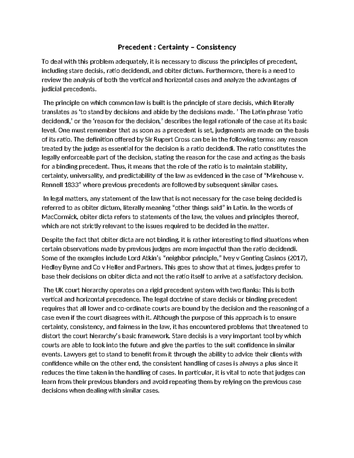 Precedent Principles: Certainty & Consistency in Law - Studocu