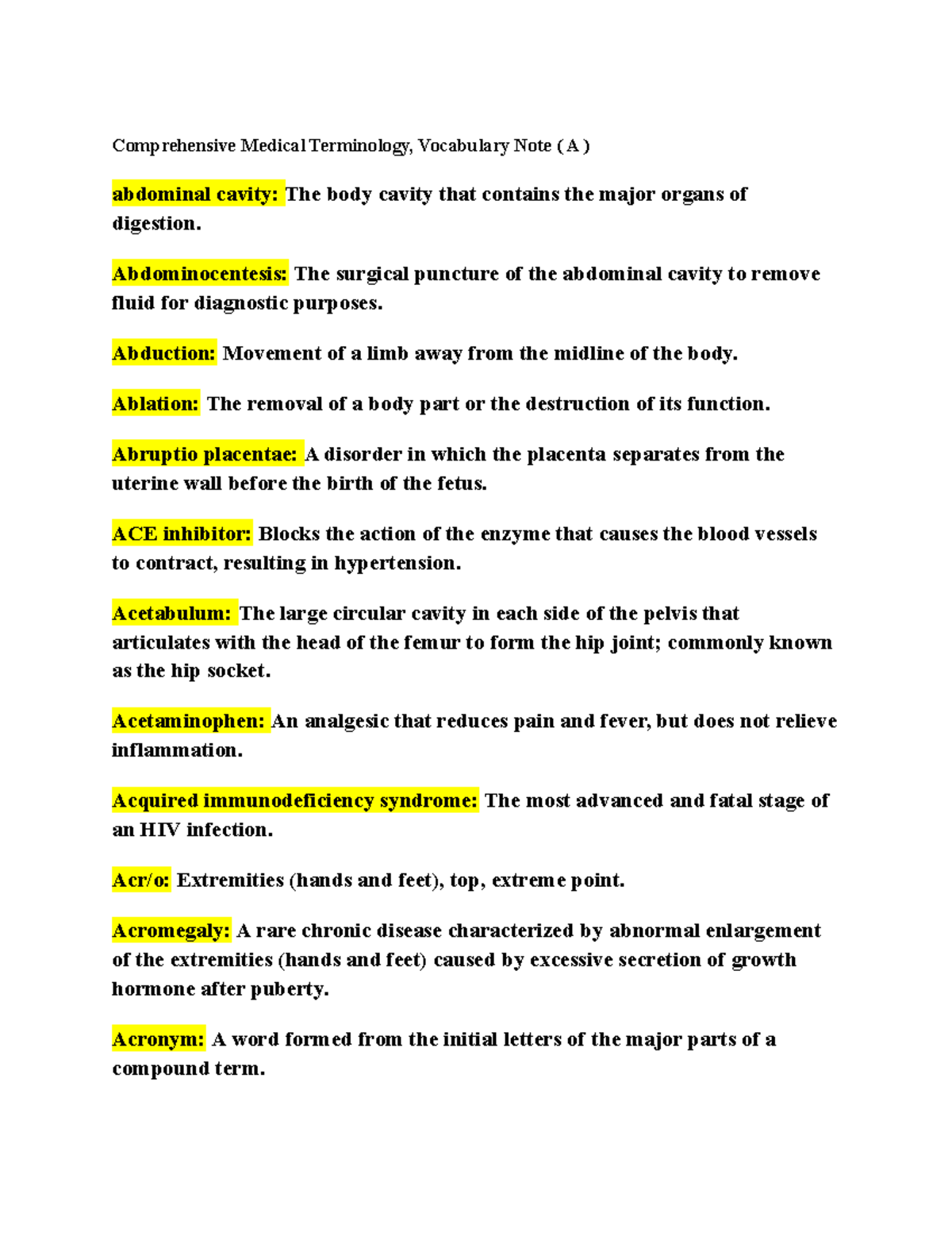 Medical Terminology Vocabulary Notes (A) for Course MED101 - Studocu