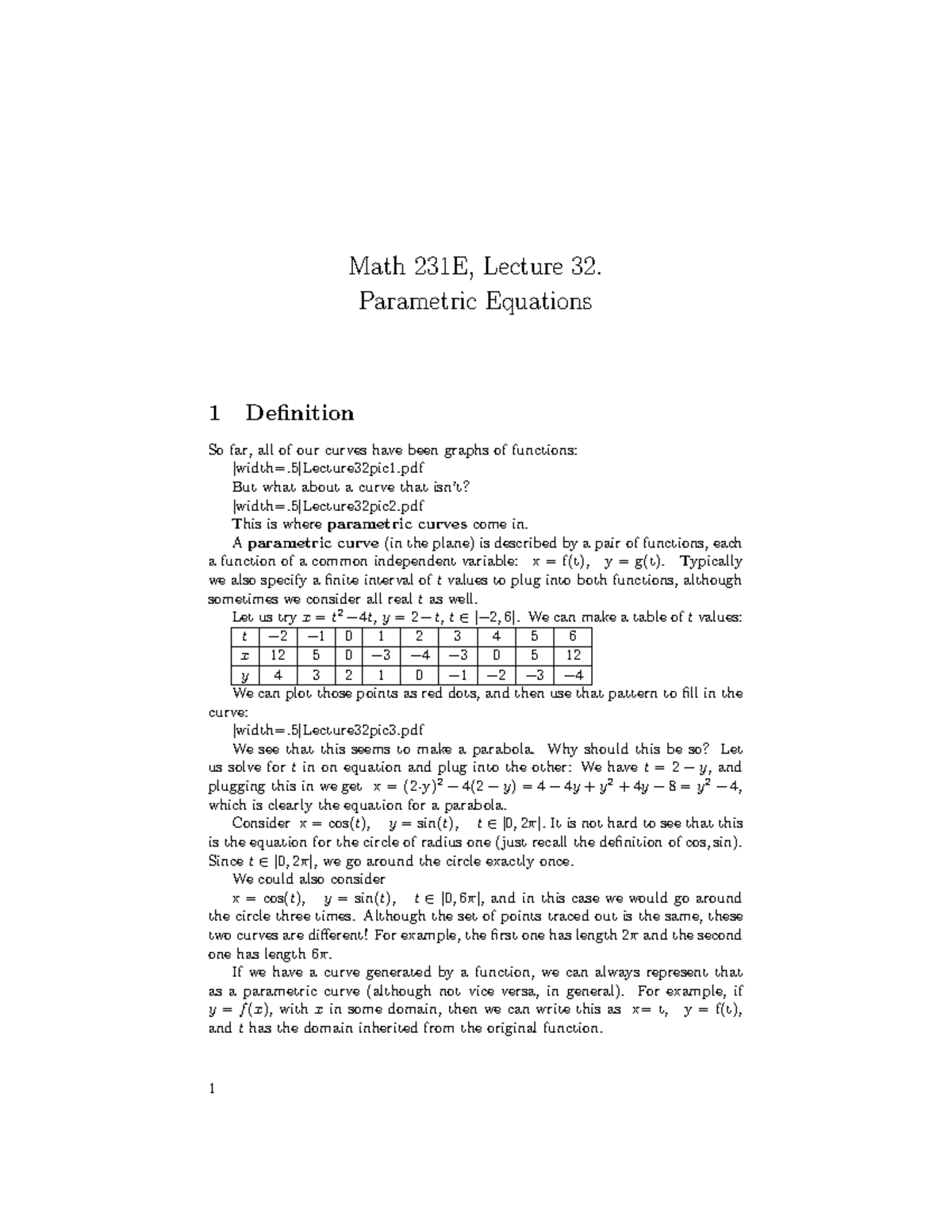 Math 231E, Lecture 32: Parametric Equations - Studocu