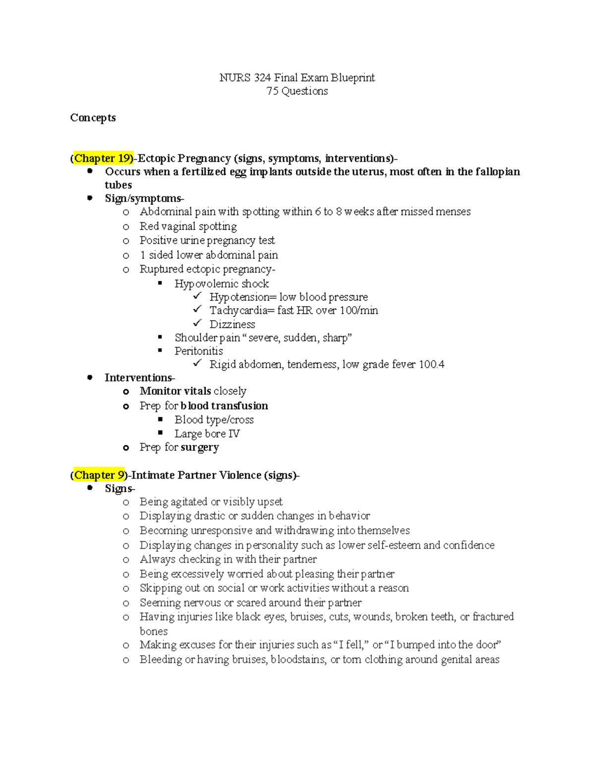 NURS 324 Final Exam Blueprint: Key Concepts & Interventions Summary ...