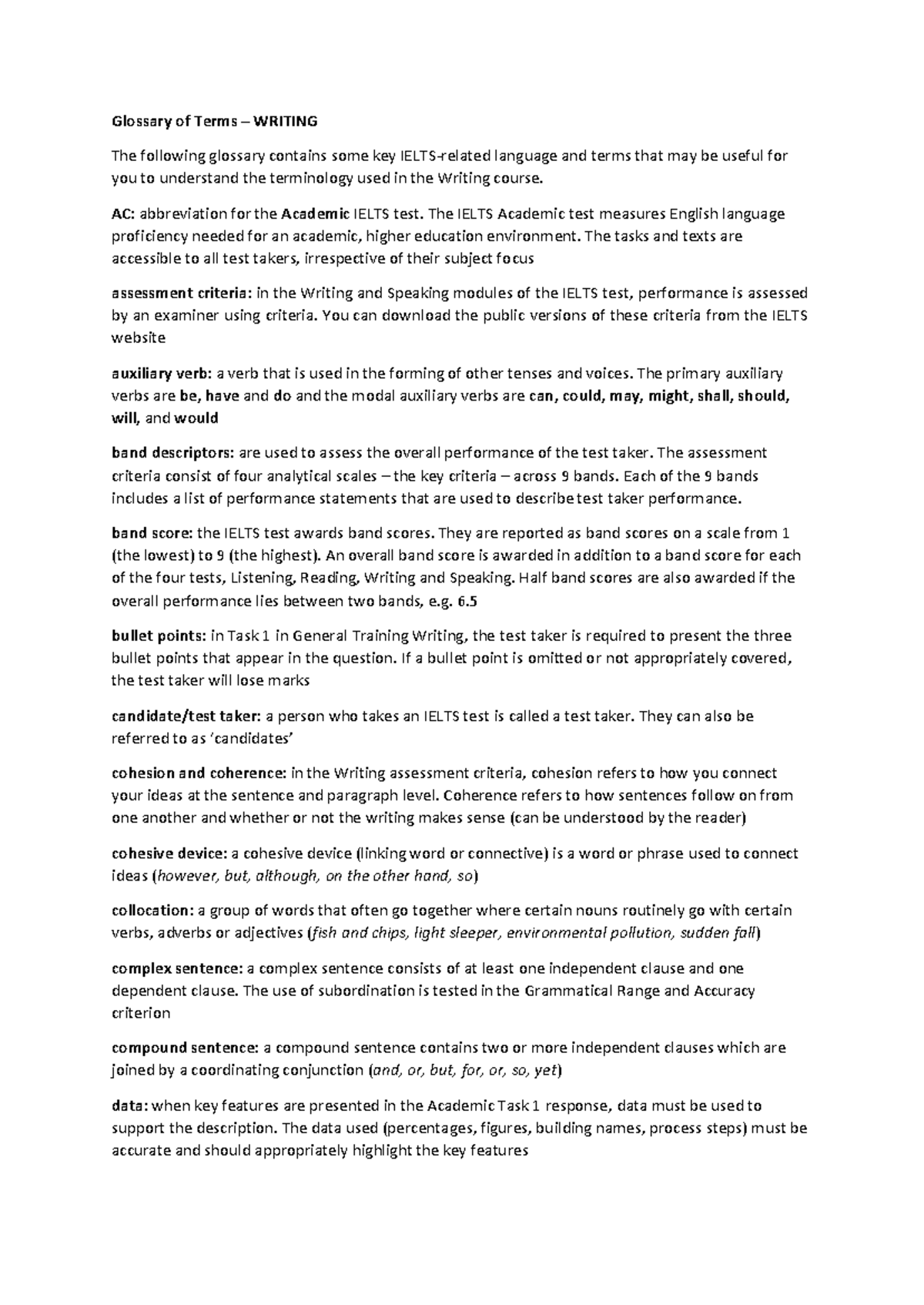 Glossary of Key Terms for WRITING in Teacher Training Course - Studocu