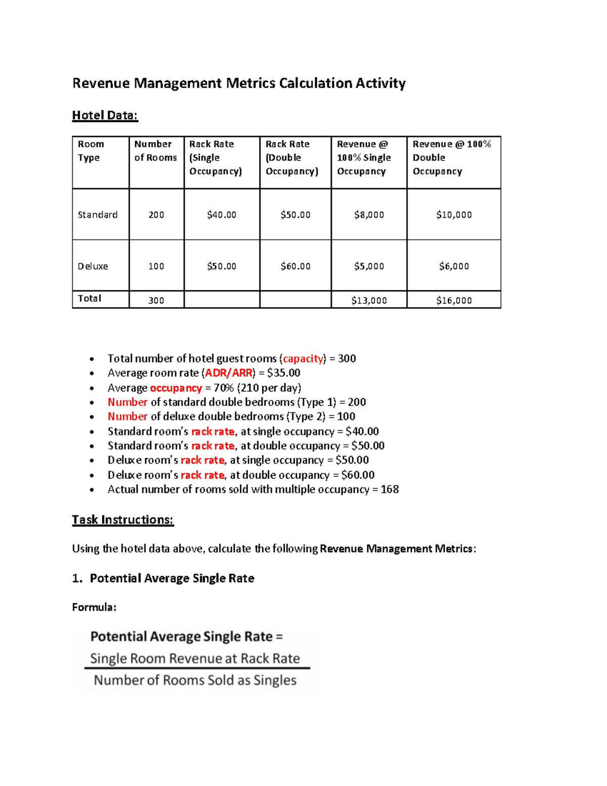 A1 Revenue Management Metrics Calculation Activity for Hotels - Studocu