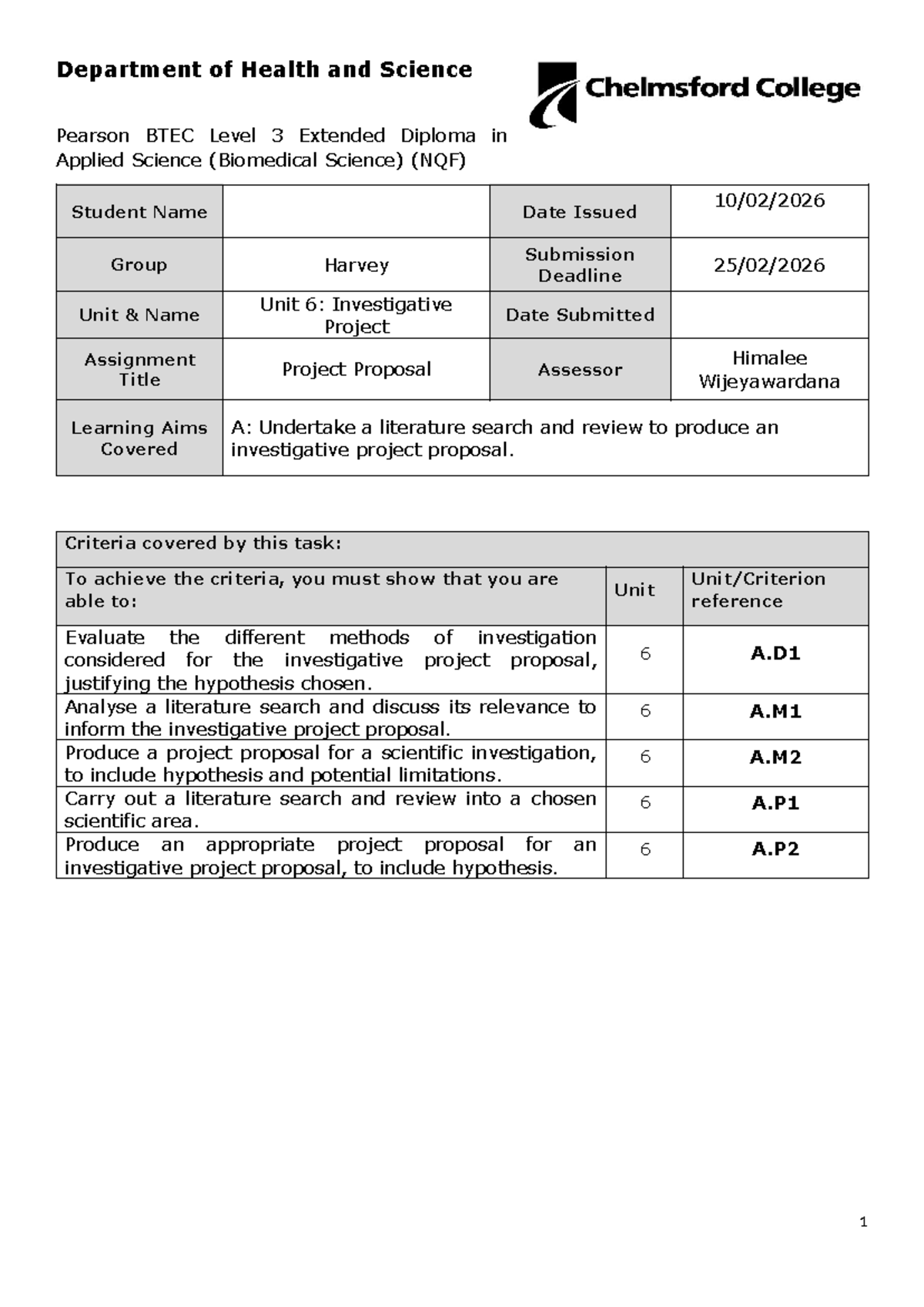 Unit 6: Investigative Project Proposal Guidelines for BTEC Level 3 ...